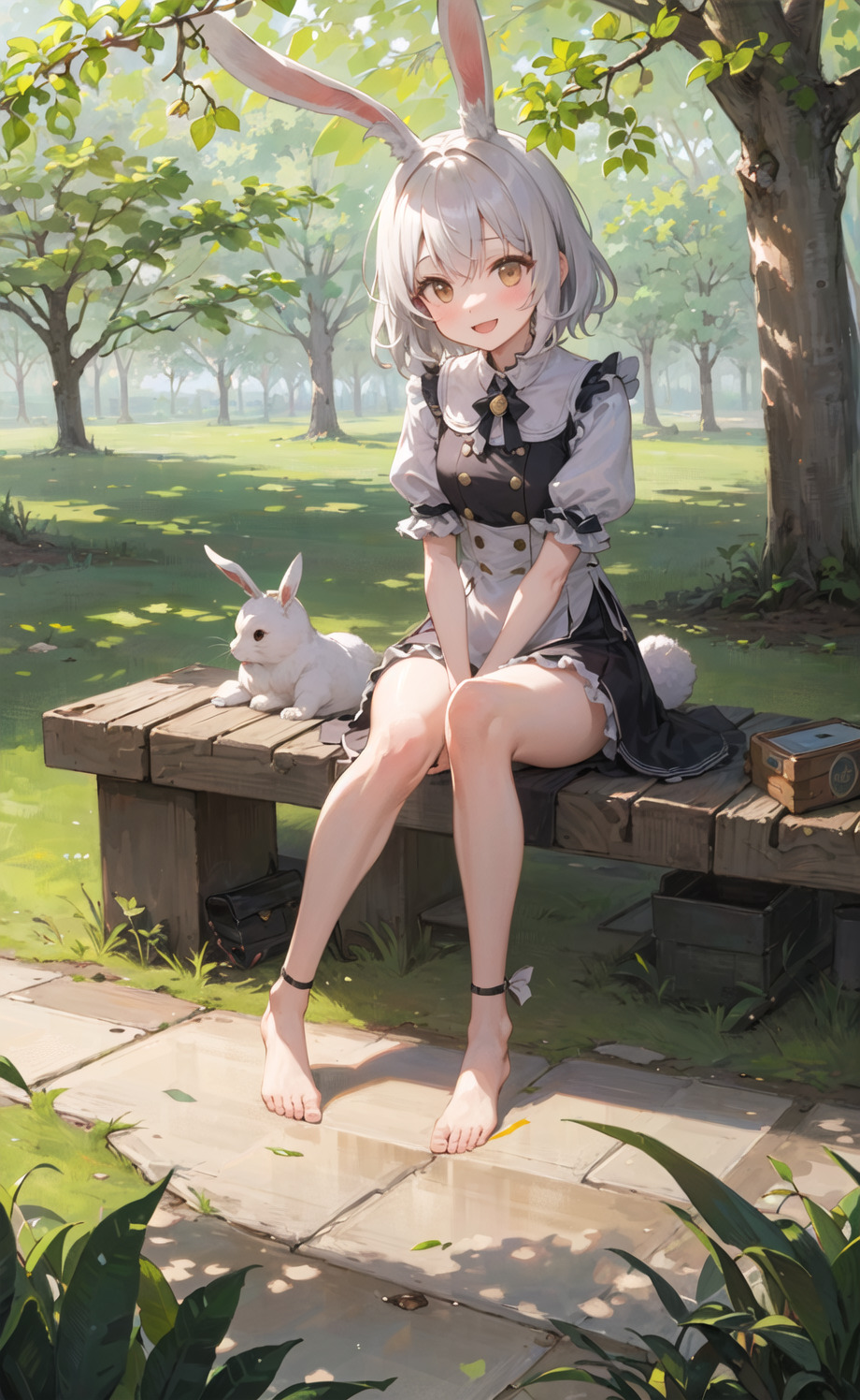 looking at viewer anime anime girls bunny girl rabbits animals bunny  ears bunny tail trees grass bench leaves AI art digital art   920x1496 Wallpaper  wallhavencc