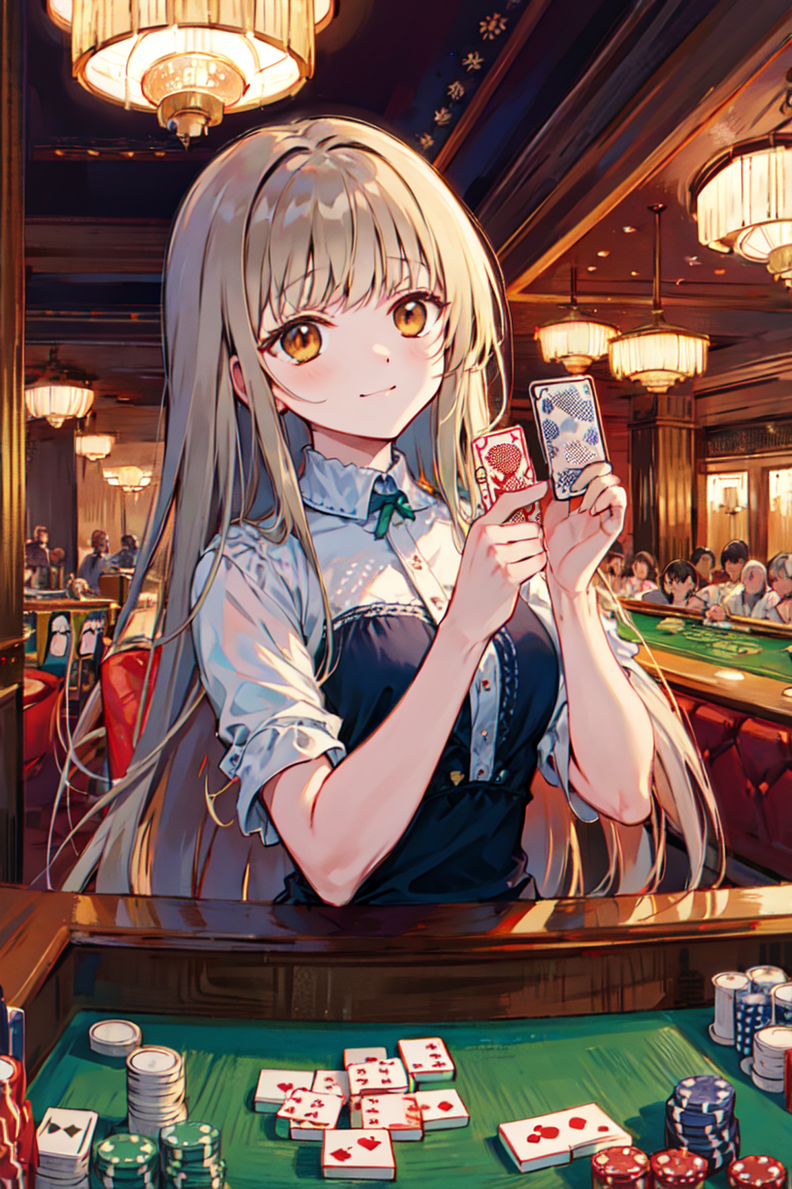 Anime 1152x1728 Otonari no Tenshi-sama Shiina Mahiru anime girls AI art blonde portrait display cards poker chips smiling looking at viewer long hair yellow eyes