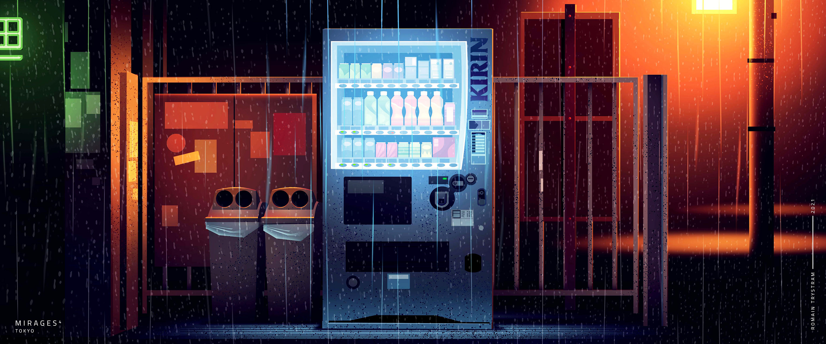 General 2800x1168 Romain Trystram digital art neon lights rain Tokyo vending machine trash bin