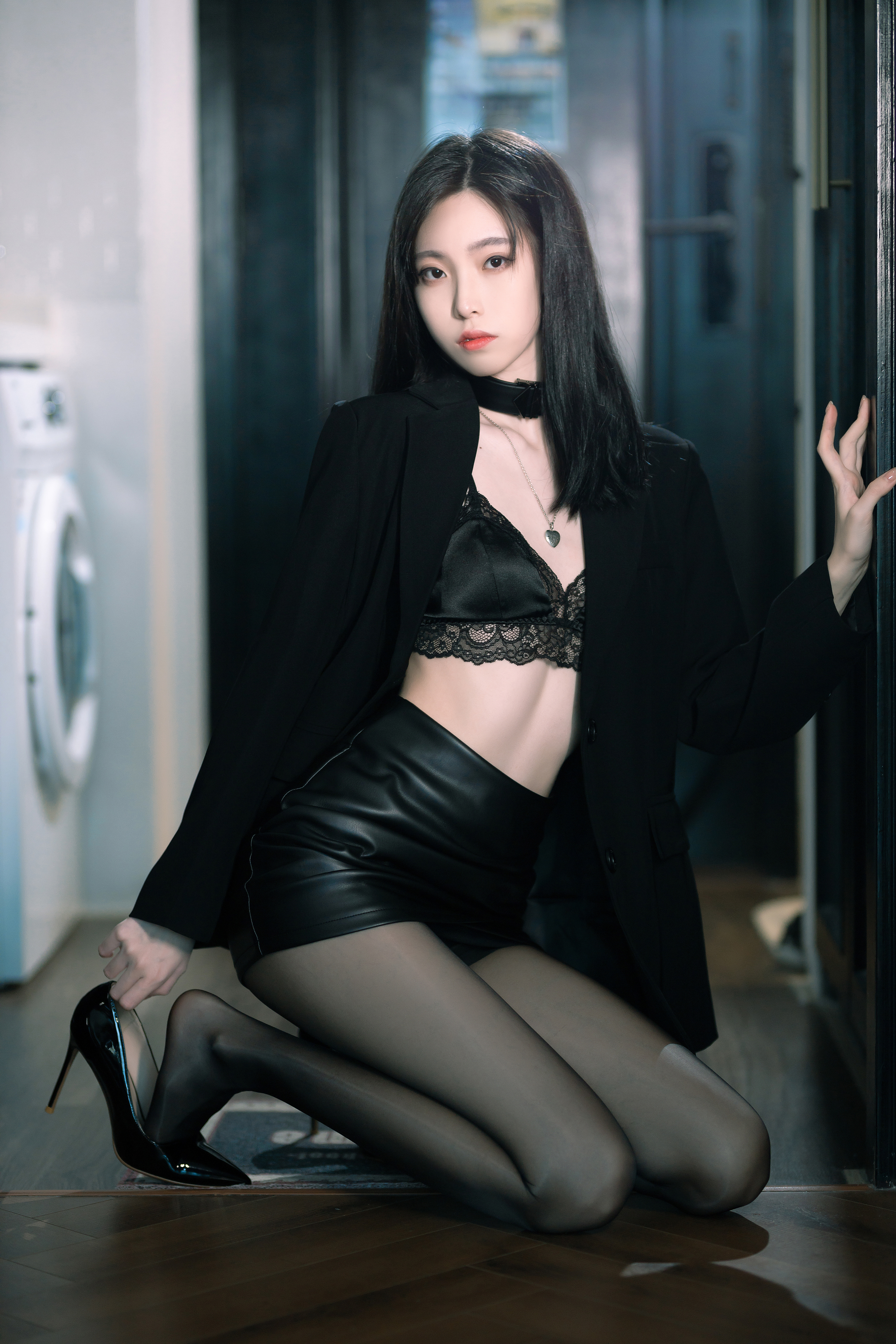 People 2560x3840 Xu Lan women model Asian Chinese Women women indoors brunette coats miniskirt pantyhose bra