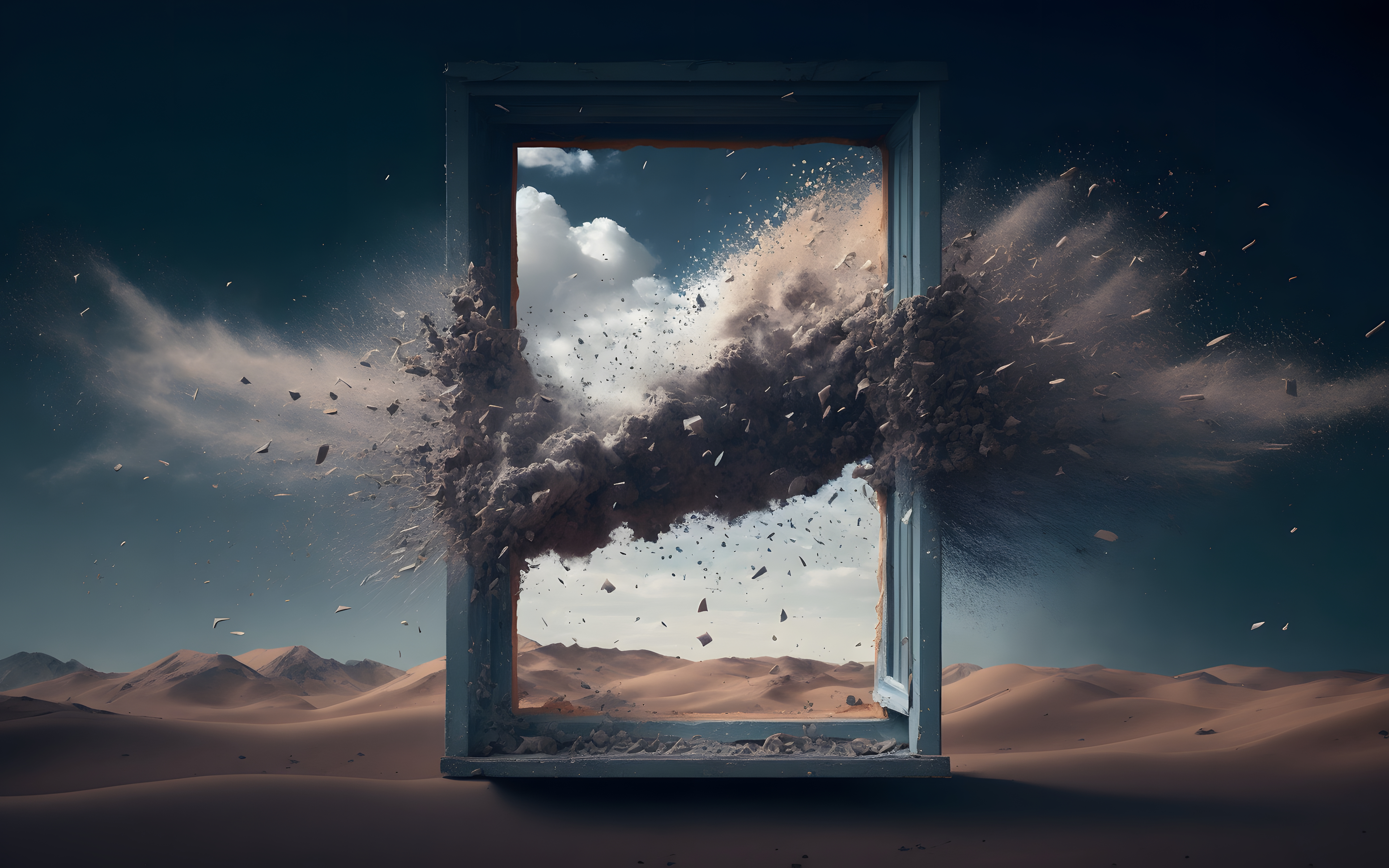 General 3840x2400 AI art artwork illustration digital art landscape desert dunes explosion window abstract sand