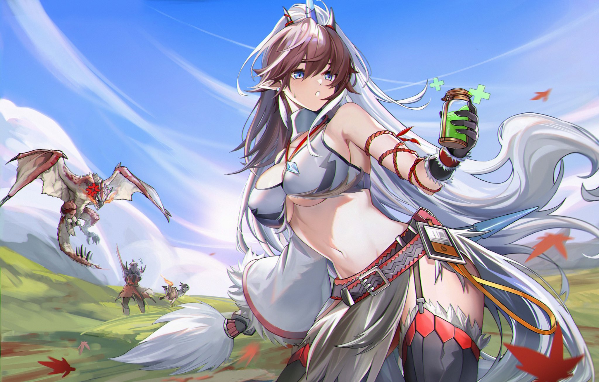 Anime 2048x1308 Monster Hunter Rathalos potions anime girls Arknights Kirin X Yato (Arknights) pointy ears creature clouds sky big boobs elly leaves long hair angry