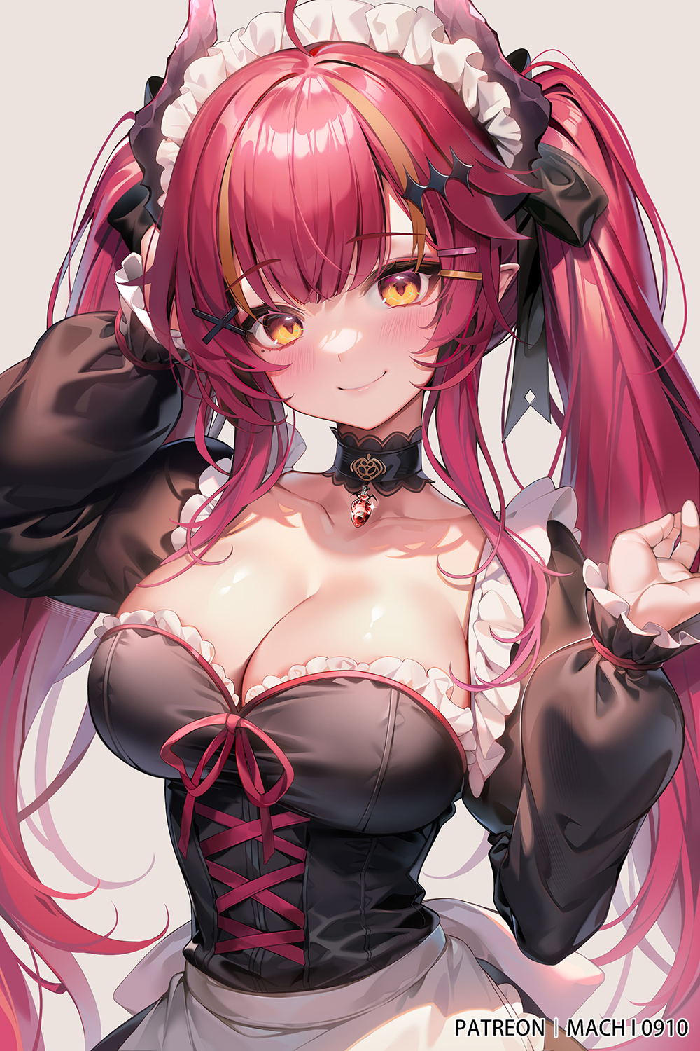 Anime 1000x1500 Machi anime girls yellow eyes portrait display smiling twintails maid maid outfit cleavage choker looking at viewer big boobs long hair pointy ears