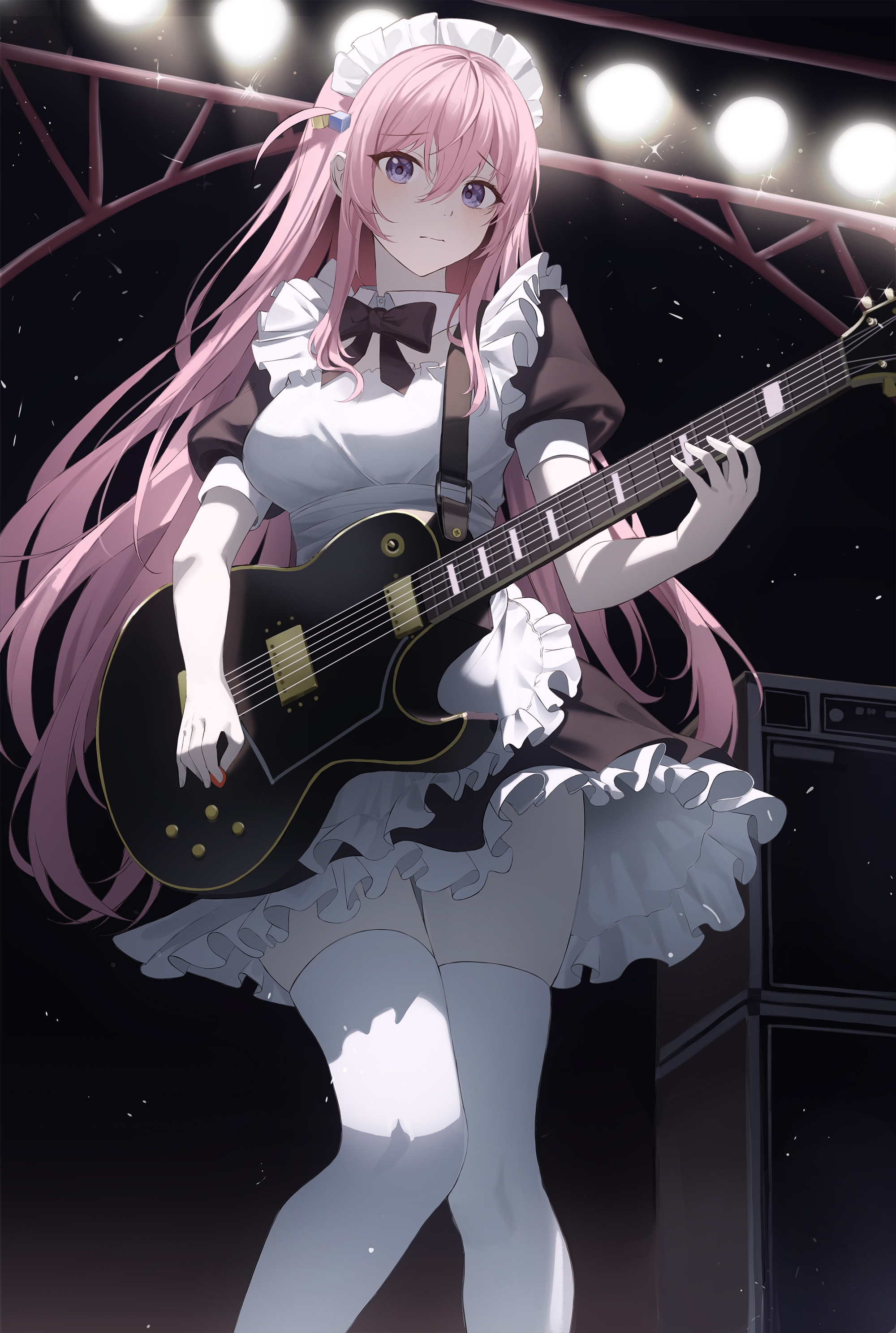 Anime 2000x2975 anime anime girls BOCCHI THE ROCK! Gotou Hitori portrait display maid maid outfit guitar musical instrument bow tie stage light long hair