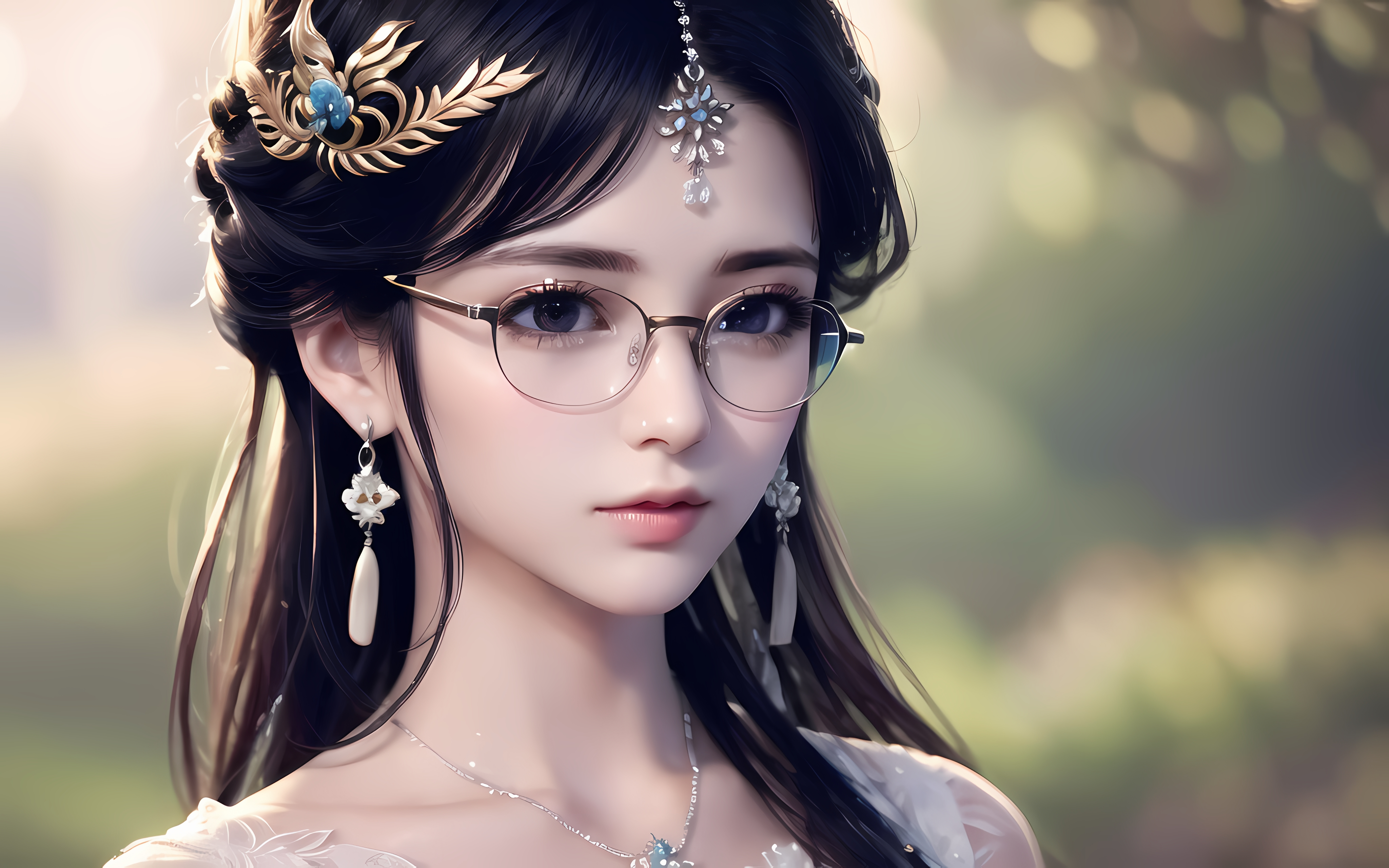 General 4096x2560 Ai Dongdong AI art Asian women glasses jewelry earring necklace