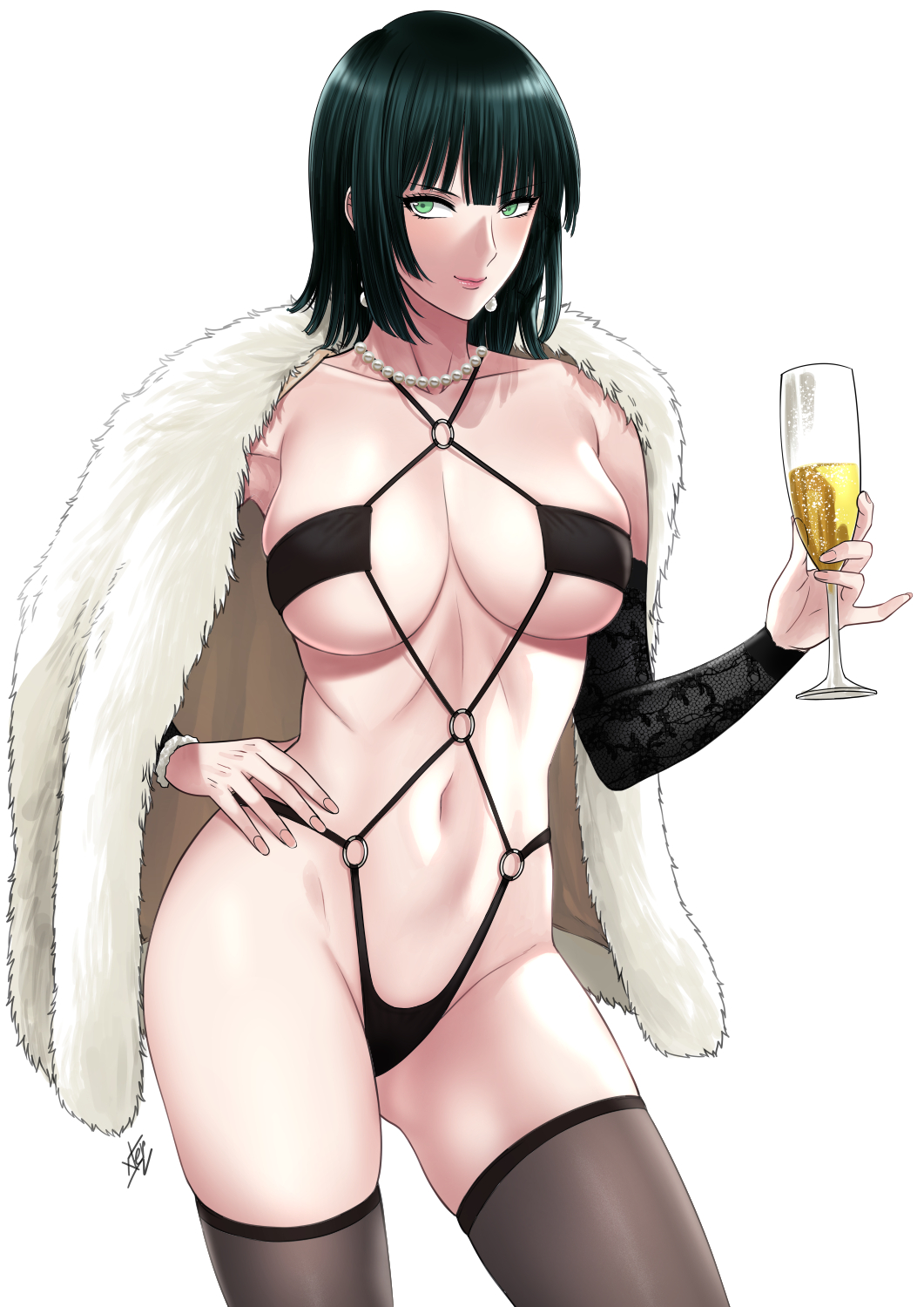 Anime 1061x1500 Xtermination One-Punch Man Fubuki portrait display anime girls belly belly button wine glass champagne stockings looking at viewer big boobs pearls lingerie minimalism white background thighs smiling