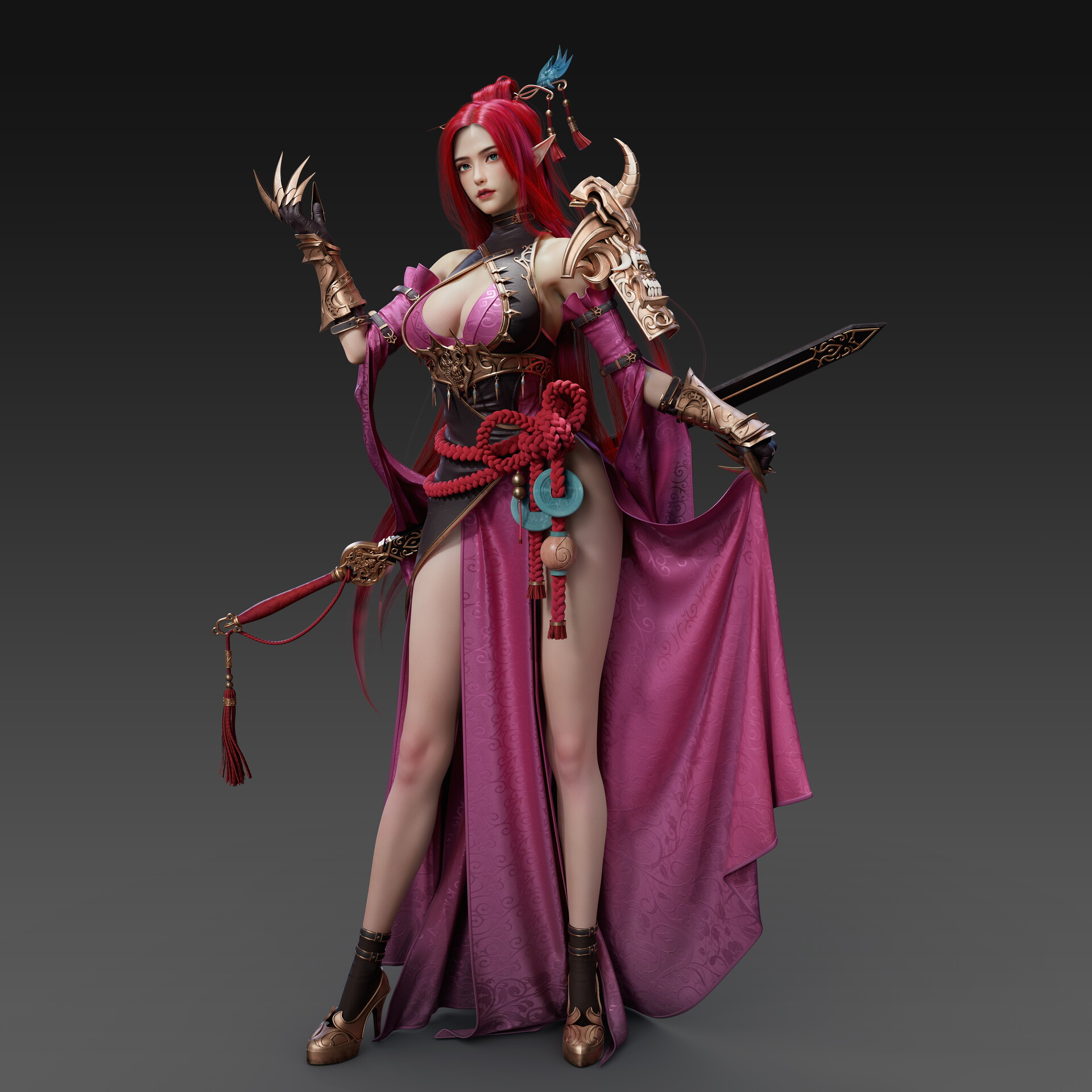 General 1920x1920 Ma Chui Chui CGI women redhead pink dress cleavage sword simple background lifting clothes minimalism big boobs heels pointy ears