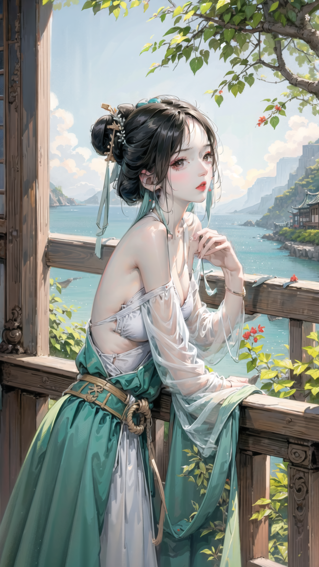 General 1080x1920 portrait illustration fantasy girl portrait display dress leaves water hairbun branch looking at viewer AI art