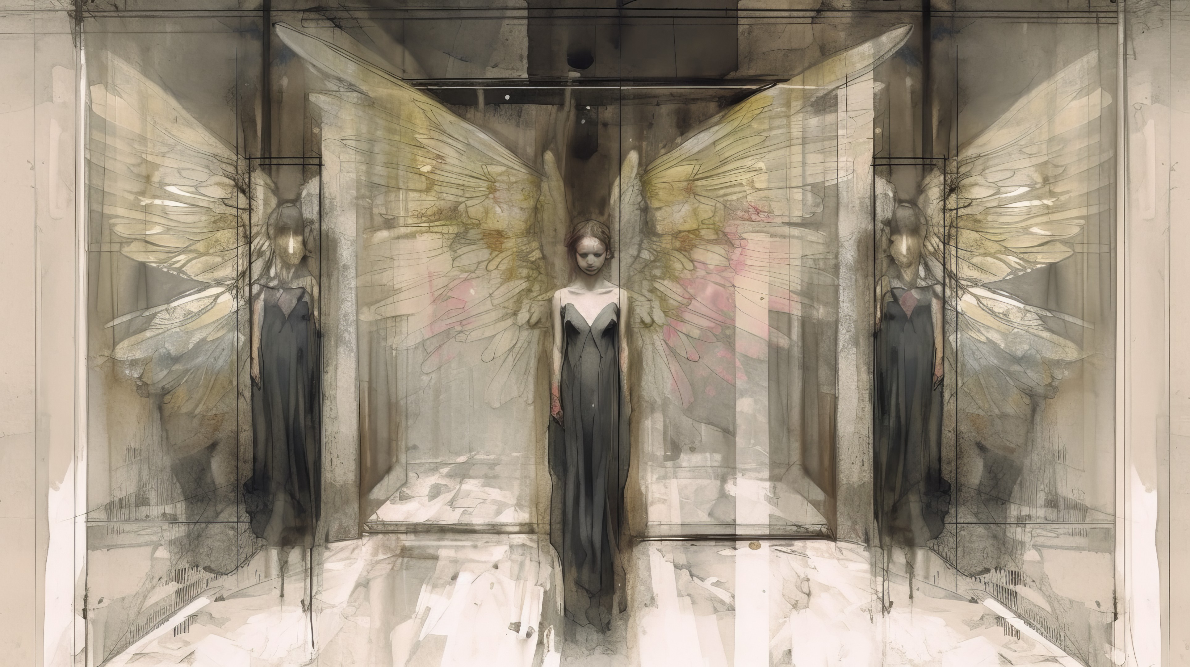 General 3854x2160 AI art angel pencil drawing watercolor wings dress women