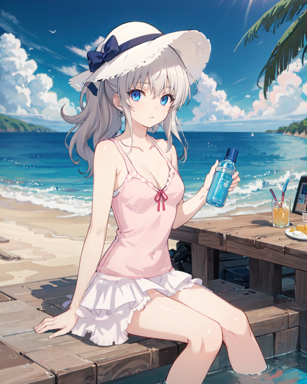 Anime 1024x1280 Tomori Nao anime girls AI art Charlotte (anime) beach looking at viewer aqua eyes sun hats water portrait display clouds drink sunlight waves