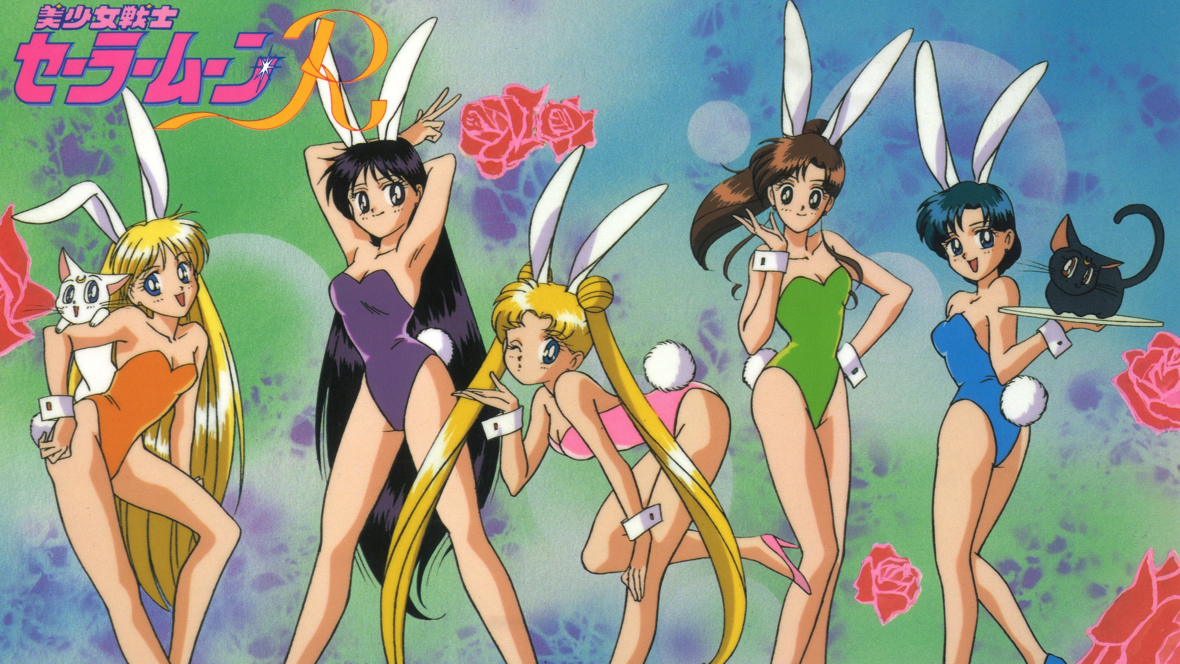Anime 3840x2160 Sailor Moon bunny girl retro style anime girls bunny suit bunny ears bunny tail wink one eye closed rose long hair line-up