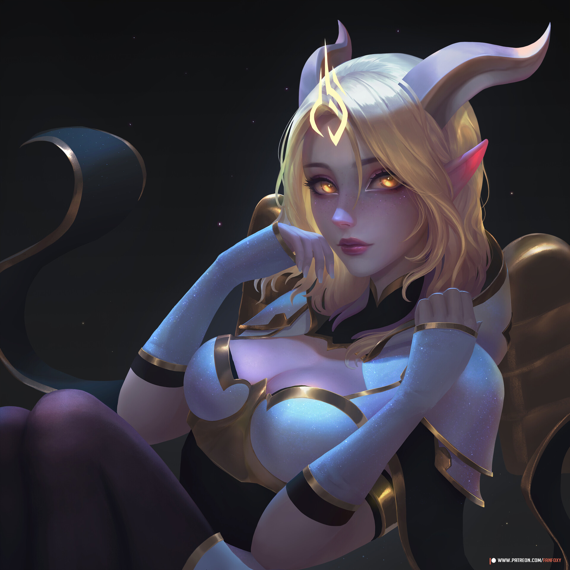 General 1920x1920 Fanfoxy drawing women blonde horns pointy ears paladin fantasy art draenei looking at viewer cleavage watermarked digital art simple background