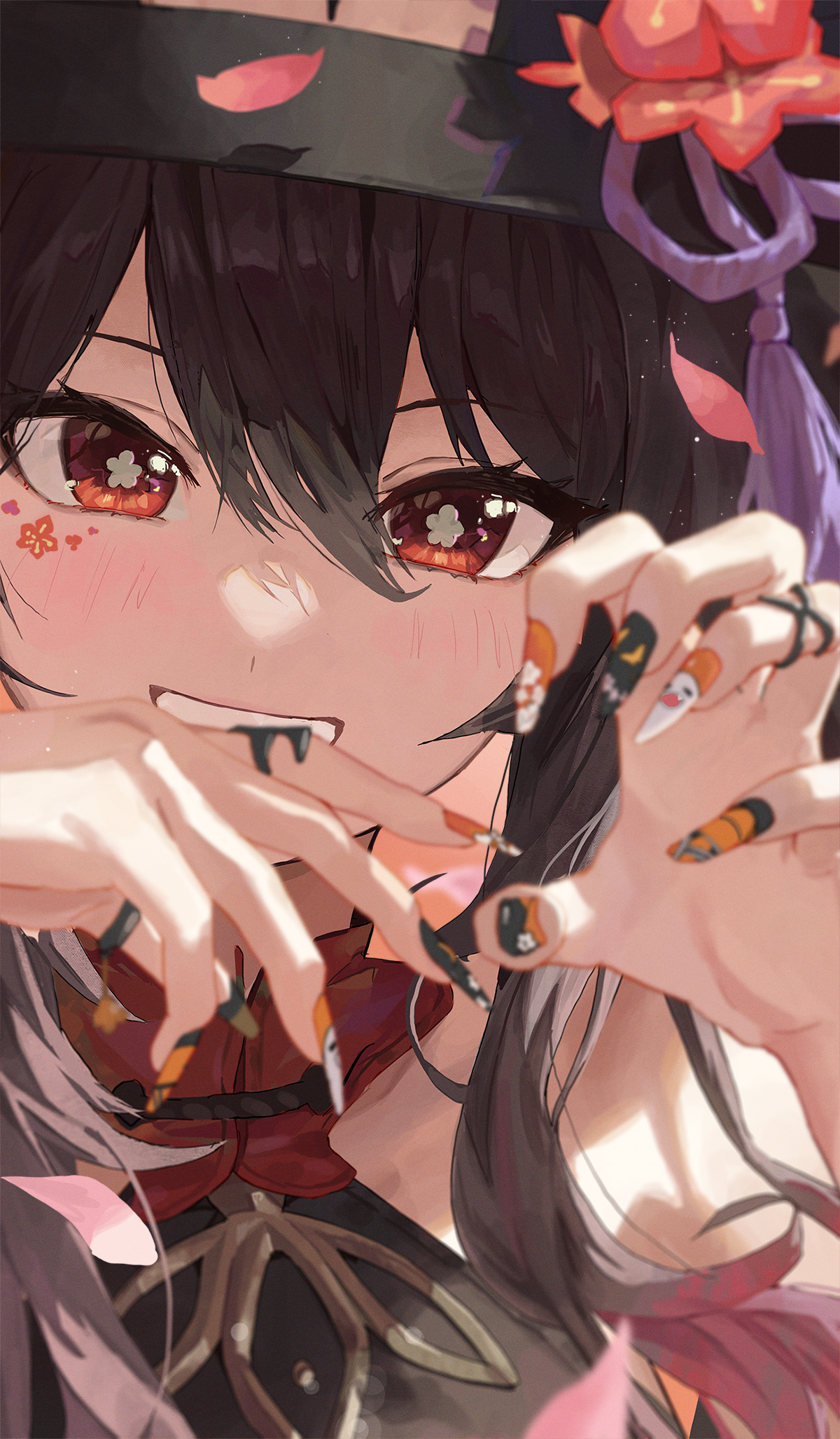 Anime 1200x2054 Genshin Impact artwork Hu Tao (Genshin Impact) anime anime girls brunette red eyes star eyes Plum blossom painted nails portrait display Niai Serie looking at viewer petals colored nails