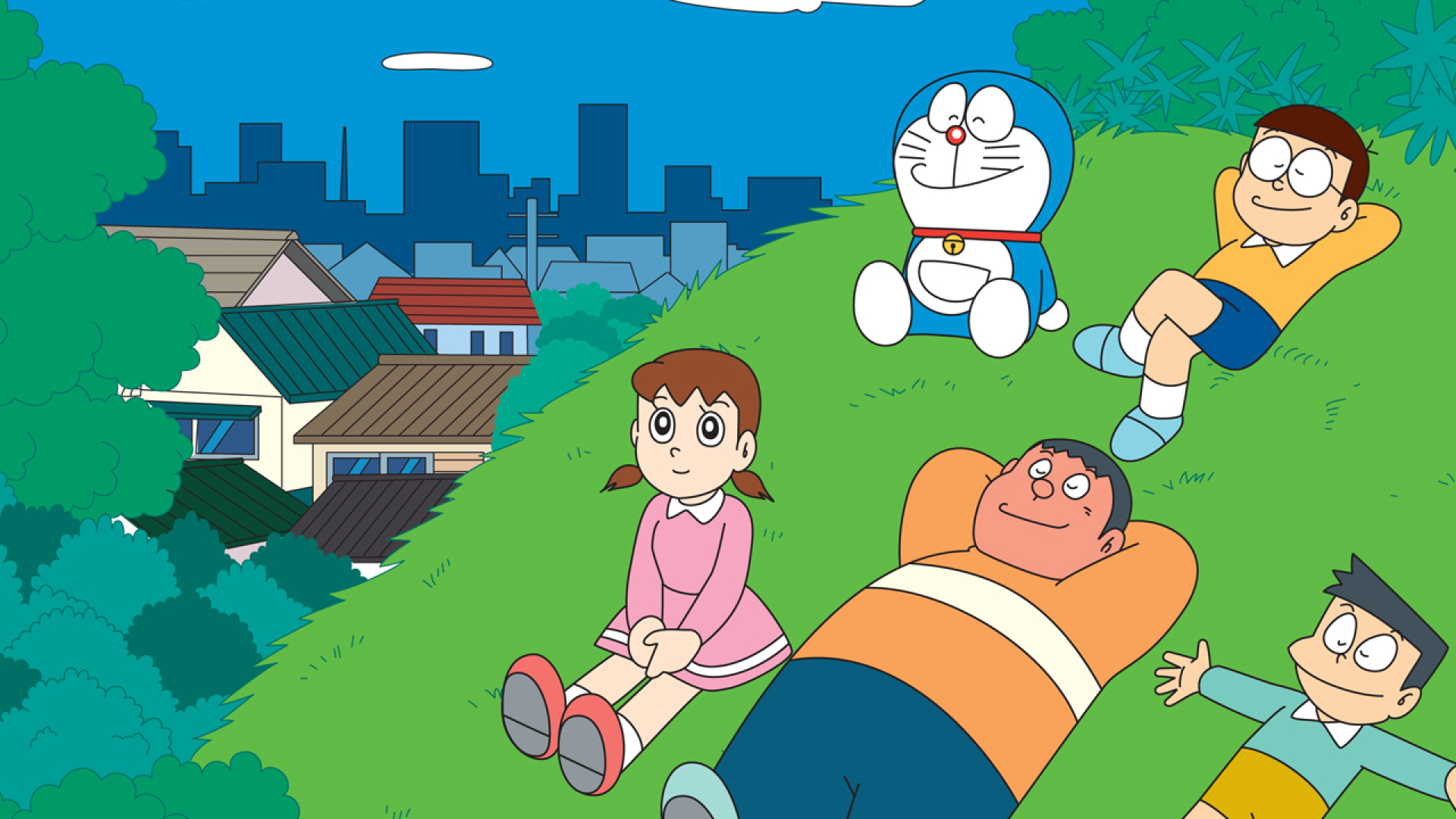 Anime 1920x1080 Doraemon Nobita Sunio Shizuka Minamoto Nobita Nobi Takeshi Gouda Gian Suneo Honekawa Dorami anime anime girls anime boys grass lying on back