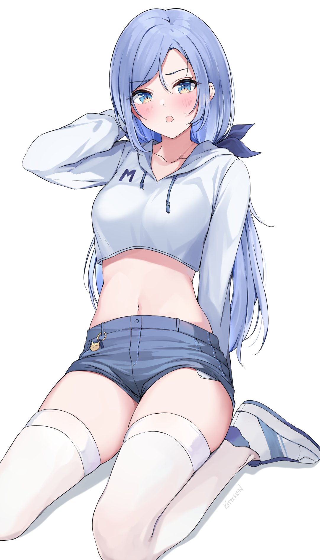 Anime 1082x1890 anime anime girls petite digital art artwork 2D portrait portrait display ecchi looking at viewer Pixiv belly belly button bare midriff shorts short shorts simple background white background minimalism blushing stockings