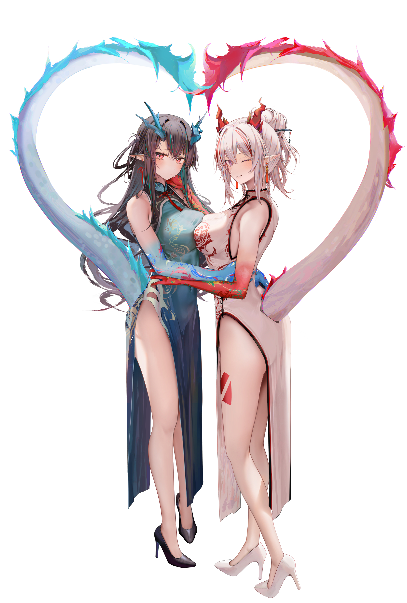 Anime 1658x2458 anime dragon girl dragon tail dragon horns chinese dress tail horns blushing pointy ears heels two women hugging boobs on boobs bare shoulders wink purple eyes thighs black heels Chinese dragon