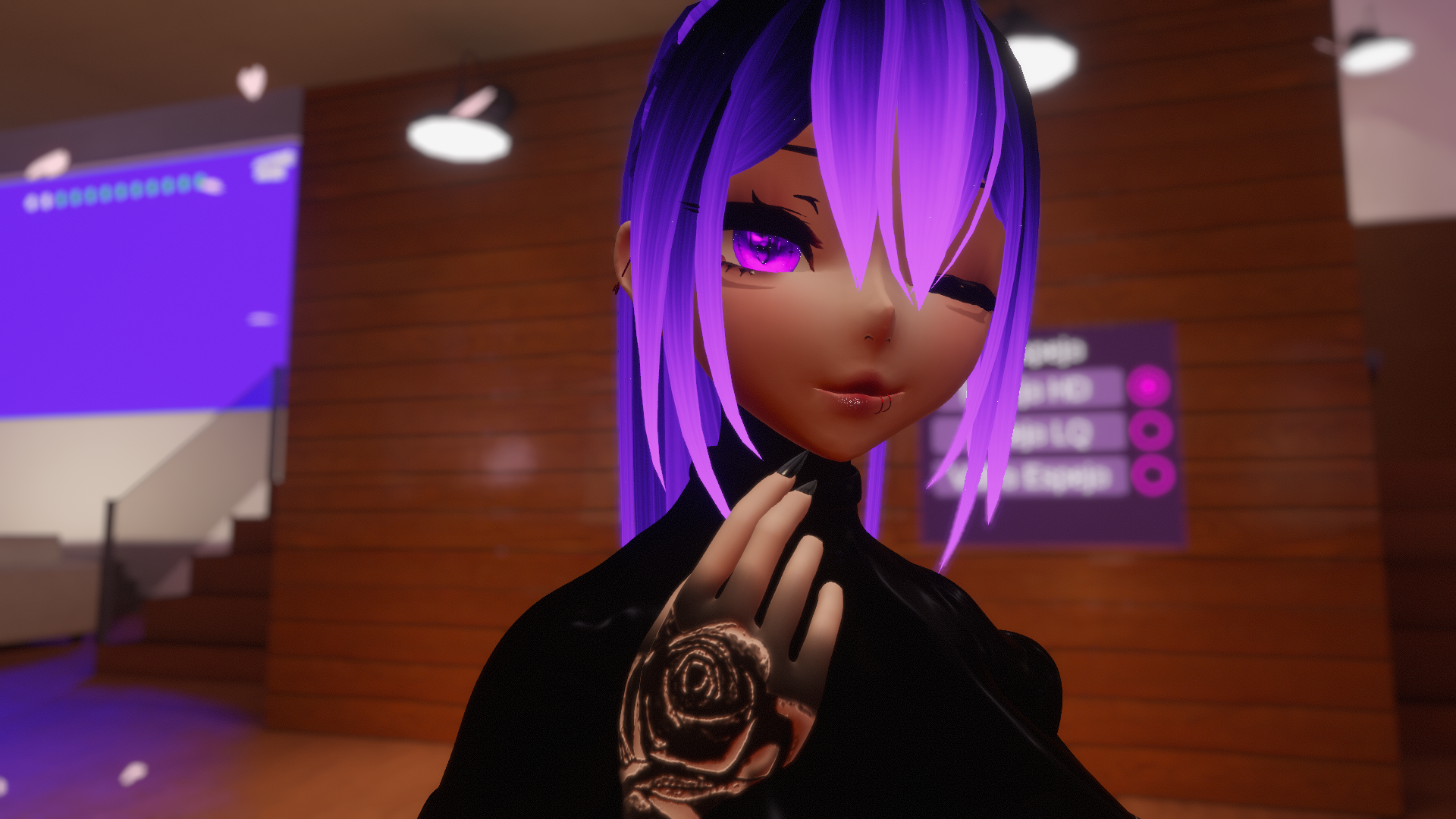 Anime 1920x1080 vrchat anime girls CGI one eye closed purple hair purple eyes tattoo video games video game art screen shot video game characters depth of field stairs