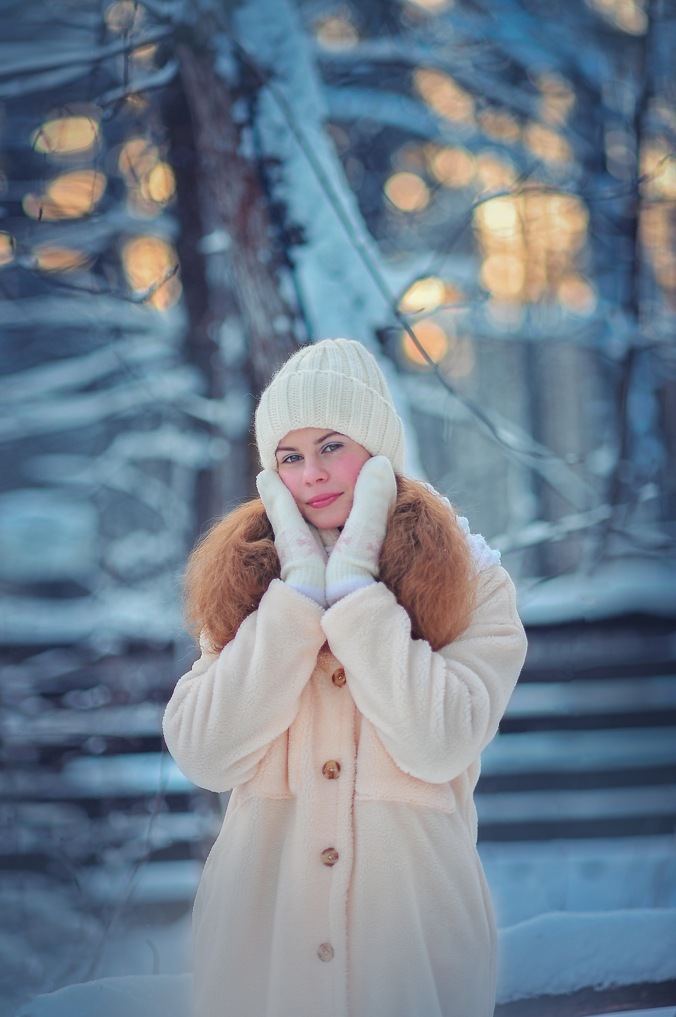 People 2328x3500 women model brunette long hair women outdoors winter cold portrait display snow coats gloves hat looking at viewer
