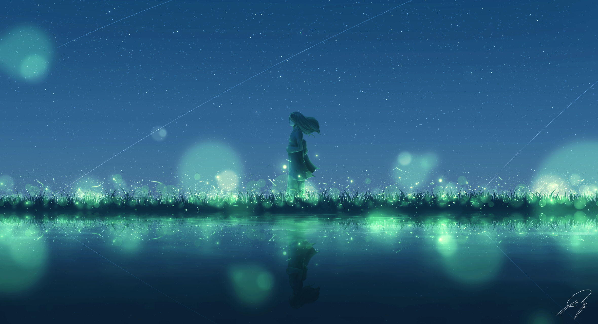 General 2360x1280 Nengoro digital art artwork illustration reflection sky night stars fireflies simple background minimalism