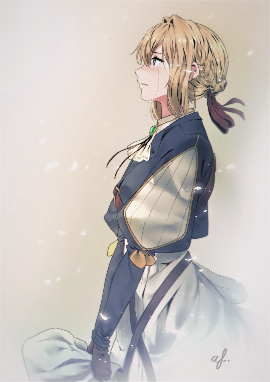 Anime 943x1333 anime anime girls Violet Evergarden Violet Evergarden (character) looking into the distance crying blonde blue eyes emerald dress brown gloves braids portrait display tears
