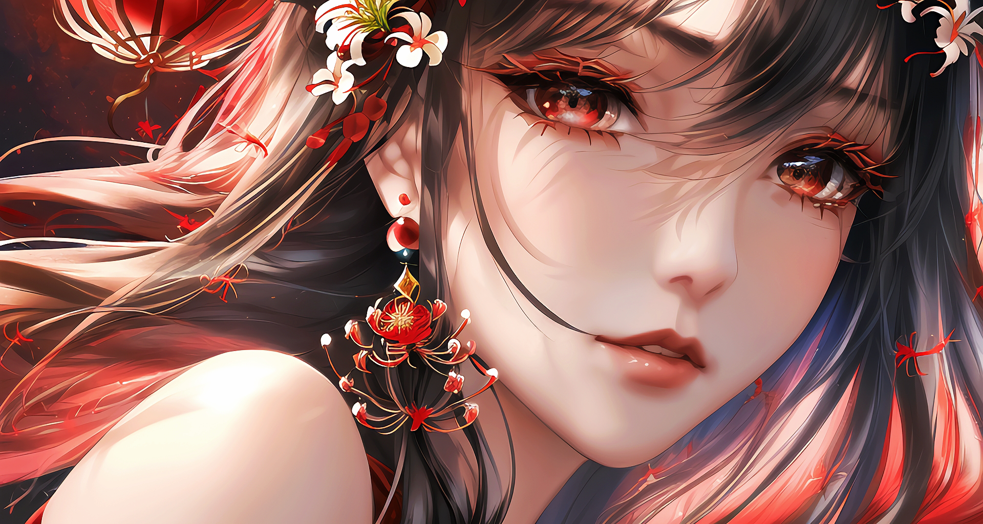 Anime 1920x1024 AI art Higanbana earring red eyes long hair anime girls flower in hair flowers looking at viewer
