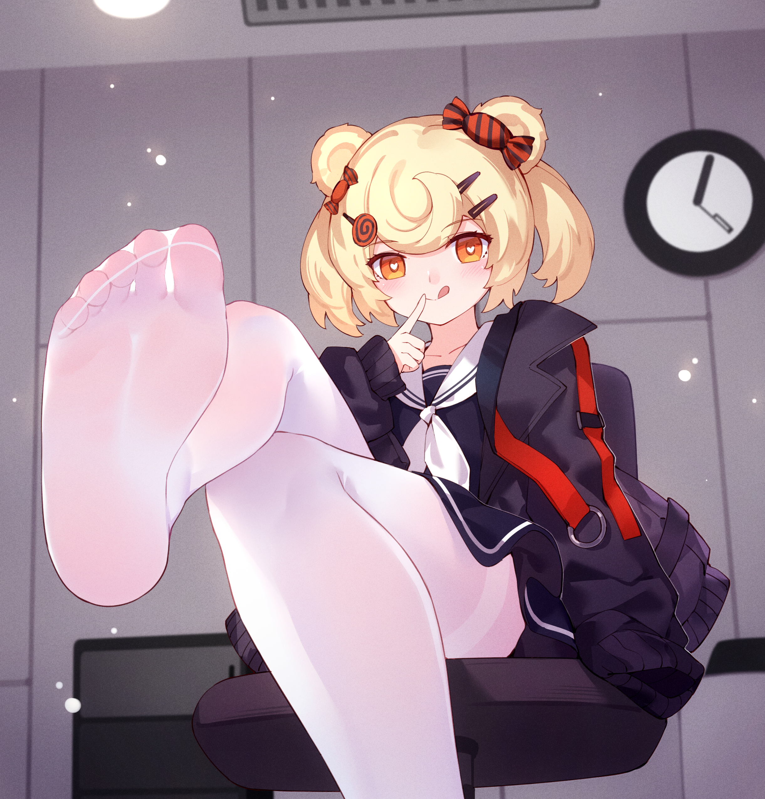 Anime 2441x2549 feet feet in the air foot fetishism white stockings portrait display anime girls heart eyes tongue out clocks schoolgirl school uniform stockings looking at viewer Pixiv loli Arknights Gum (Arknights)