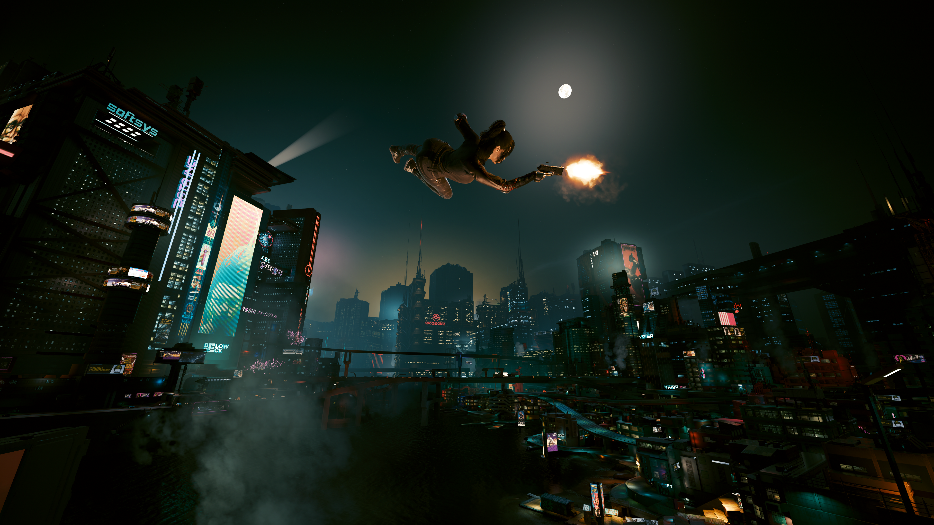 General 3840x2160 CD Projekt RED cityscape V (Cyberpunk 2077) CGI video games city city lights night Moon gun girls with guns