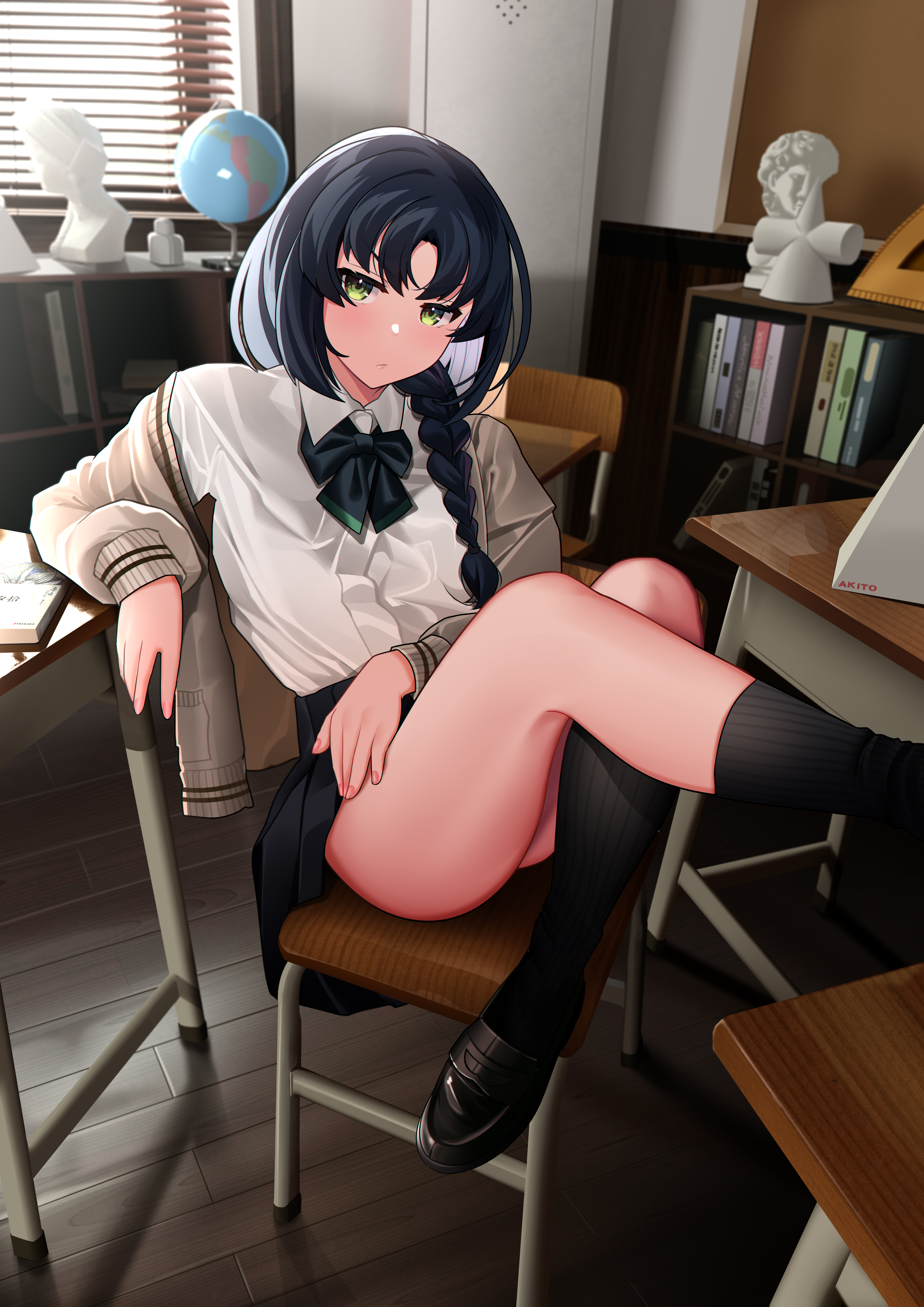 Anime 3307x4677 anime girls green eyes portrait display schoolgirl school uniform chair bow tie books thighs braids Pixiv