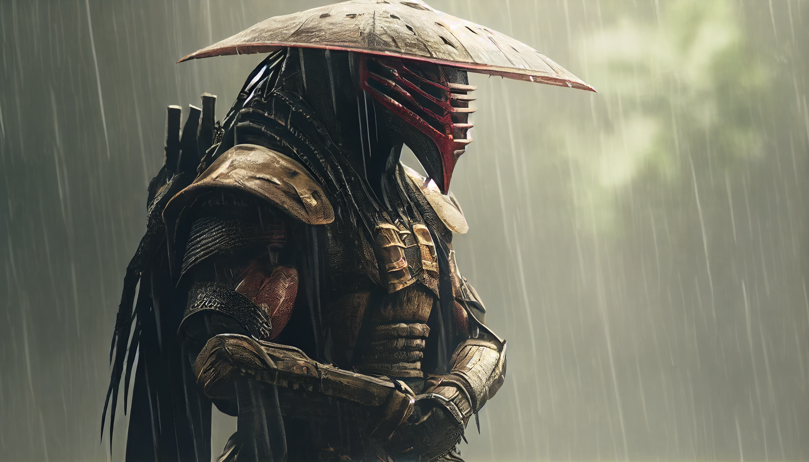 General 2688x1536 AI art illustration predator (creature) samurai Japan rain