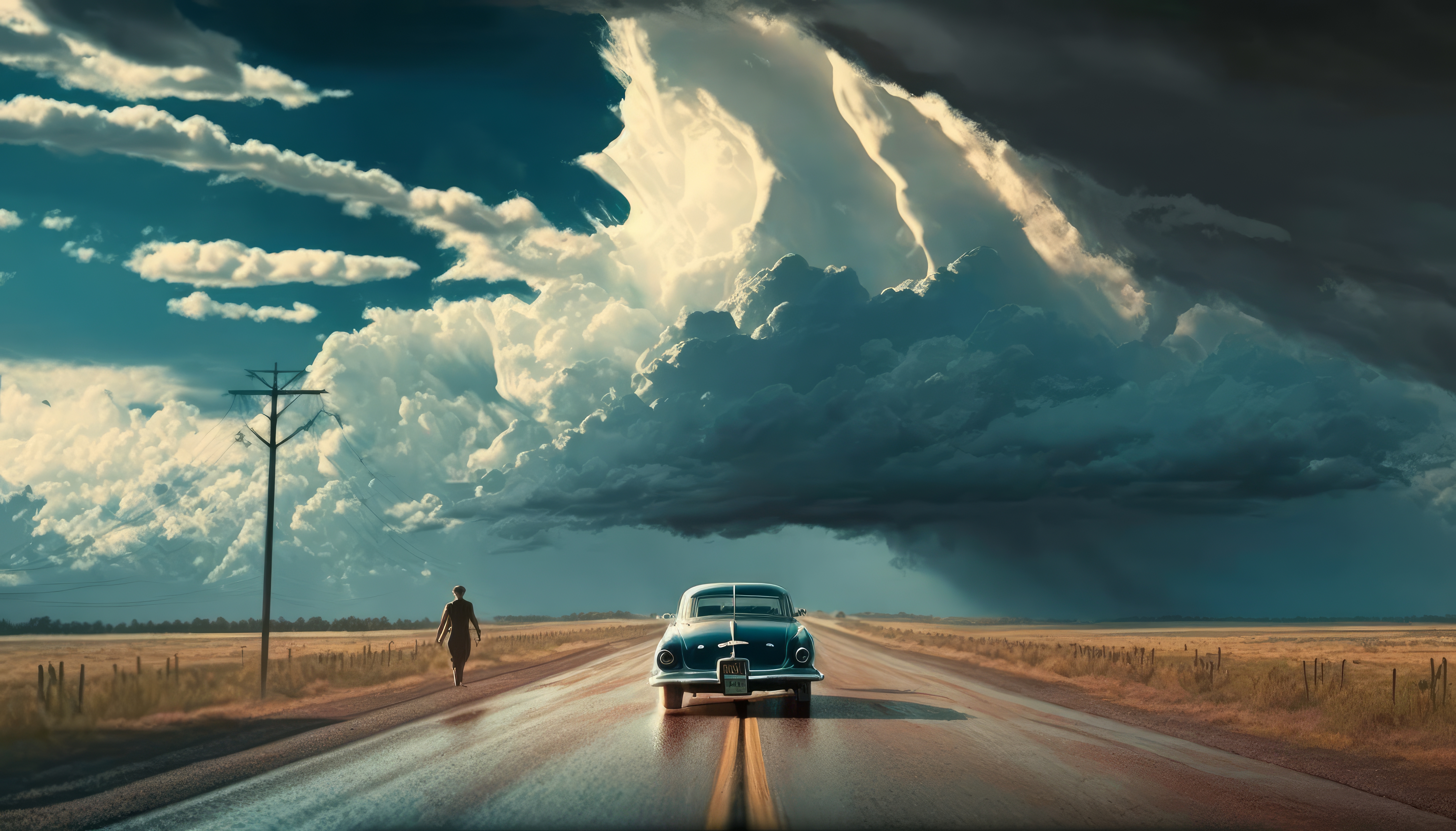 General 4579x2616 AI art illustration road car clouds painting sky