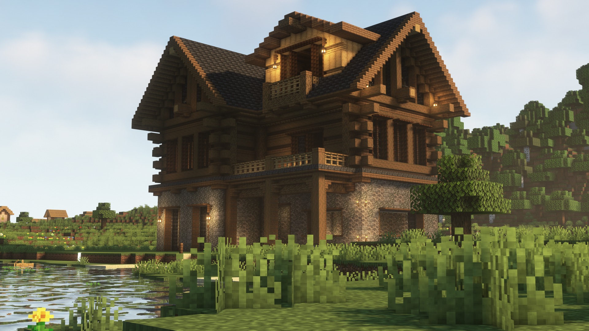General 1920x1080 Minecraft shaders landscape video games water house building