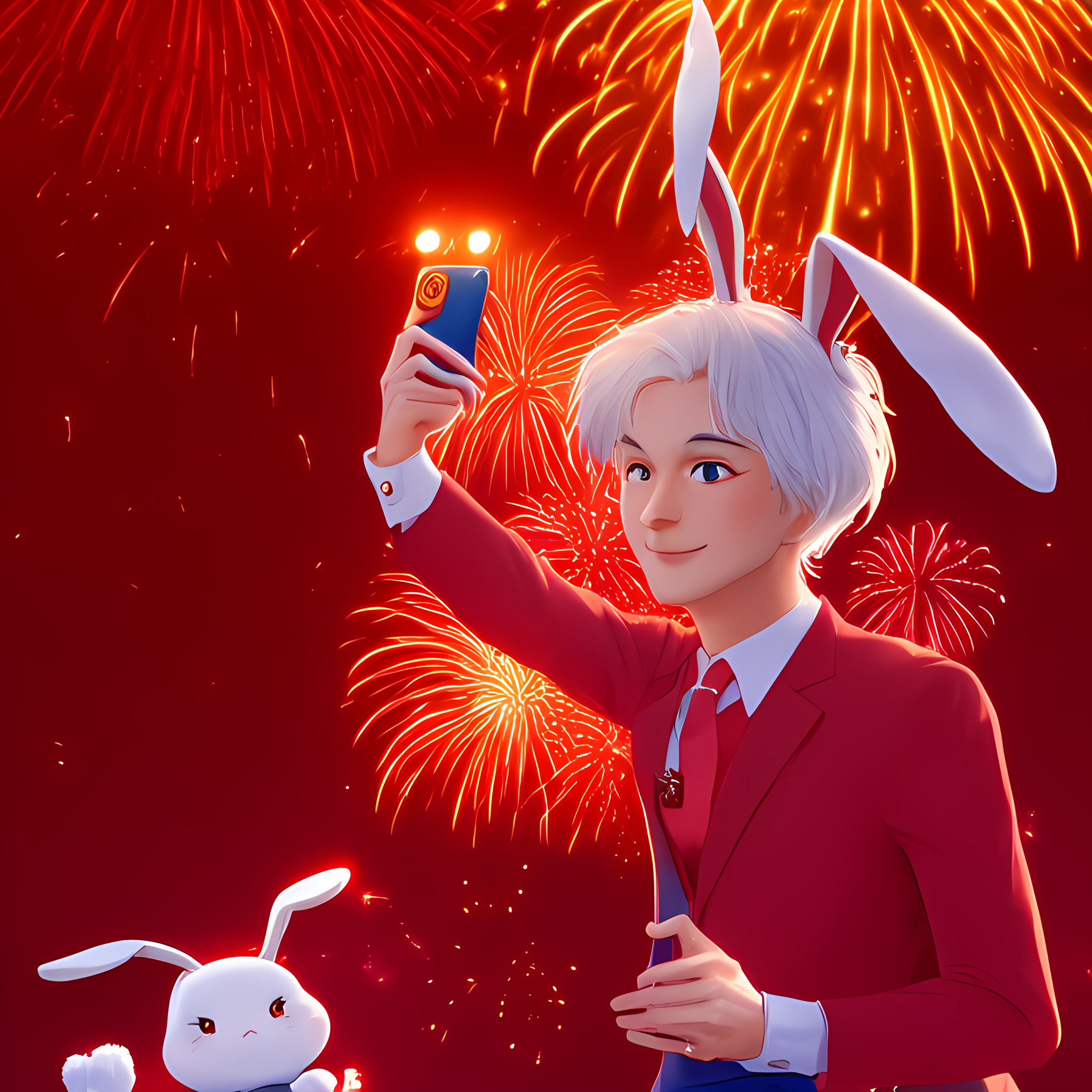 Anime 2048x2048 rabbits New Year 2023 (year) Man Niu No Da Shengli happy AI art portrait display fireworks phone bunny ears suit and tie