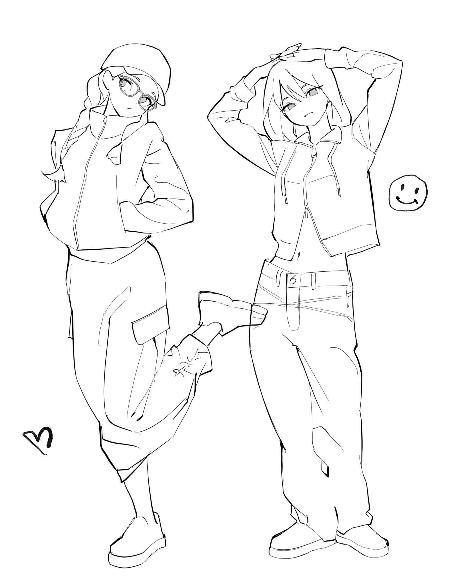 Anime 1578x2048 anime girls sketches portrait display standing looking at viewer drawing simple background hat hands in pockets heart standing on one leg smiley belly button minimalism glasses