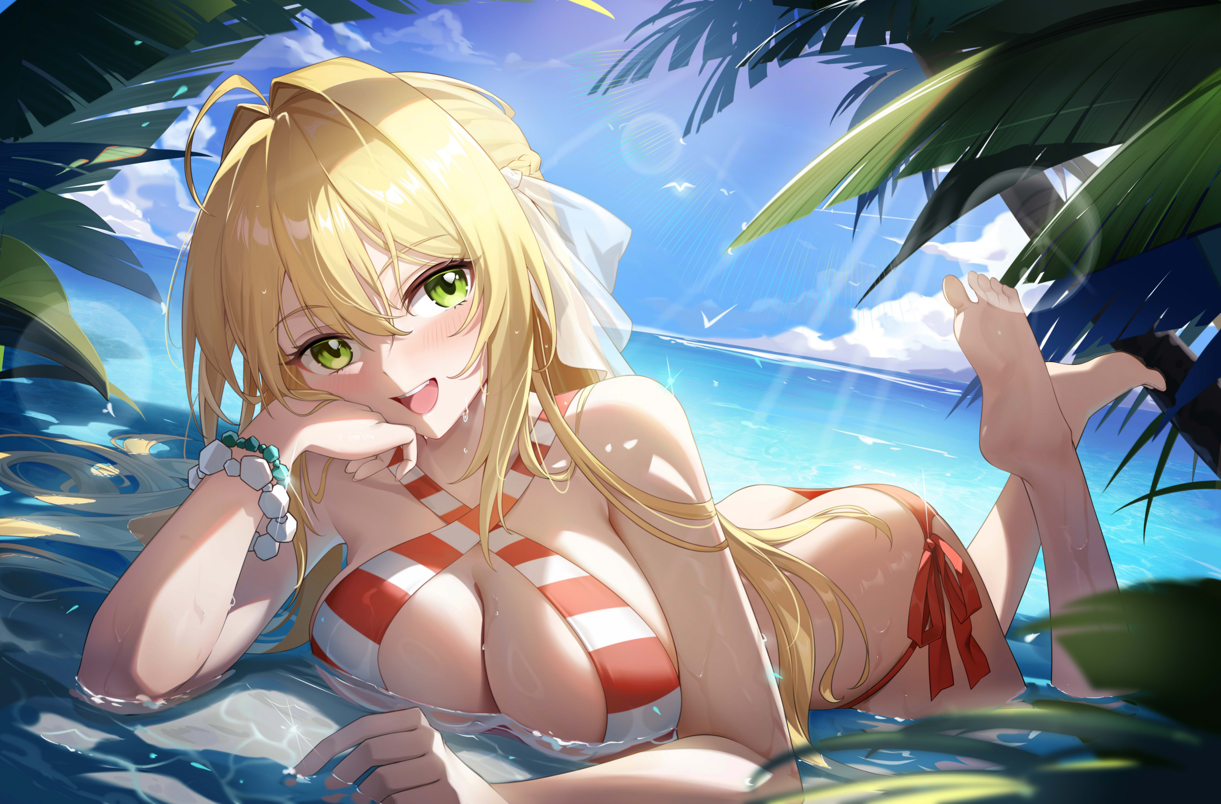 Anime 4193x2763 Fate/Grand Order bikini anime girls lying down Nero Claudius smiling big boobs lying on front green eyes wet body red bikini striped bikini looking at viewer beach Shenqi red swimsuit butt crack foot sole sunlight arm support open mouth water ass women on beach bracelets blushing hair ornament barefoot long hair palm trees women outdoors leaves clouds sky feet braids toes wet