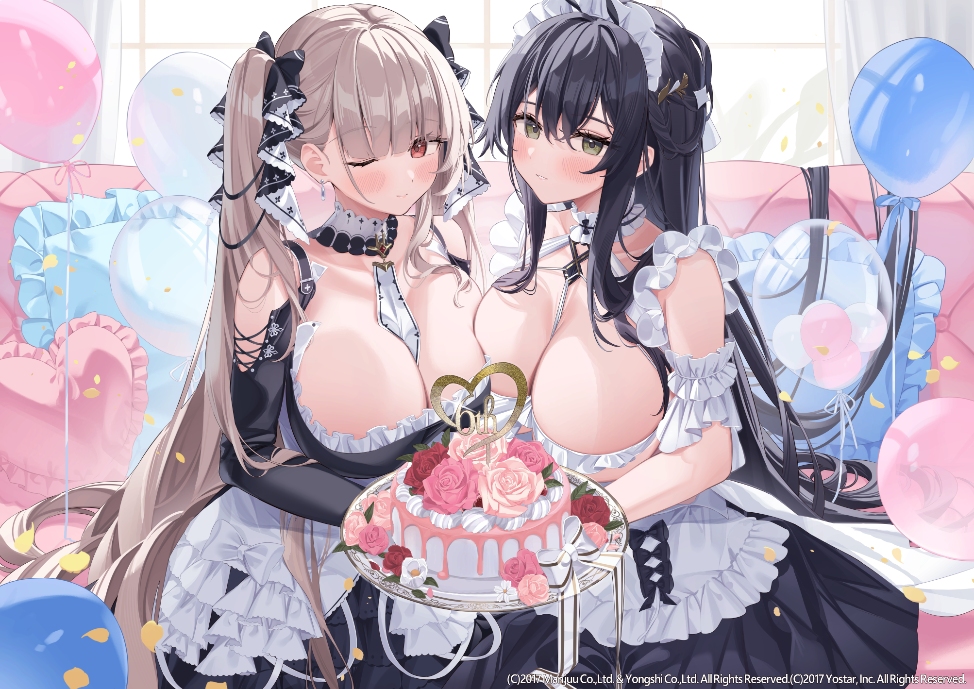 Anime 2006x1419 Azur Lane Indomitable (Azur Lane) anime girls wink Formidable (Azur Lane) cleavage big boobs boobs on boobs long hair one eye closed blushing smiling watermarked maid maid outfit balloon heart (design) pillow leaves cake rose petals item between boobs
