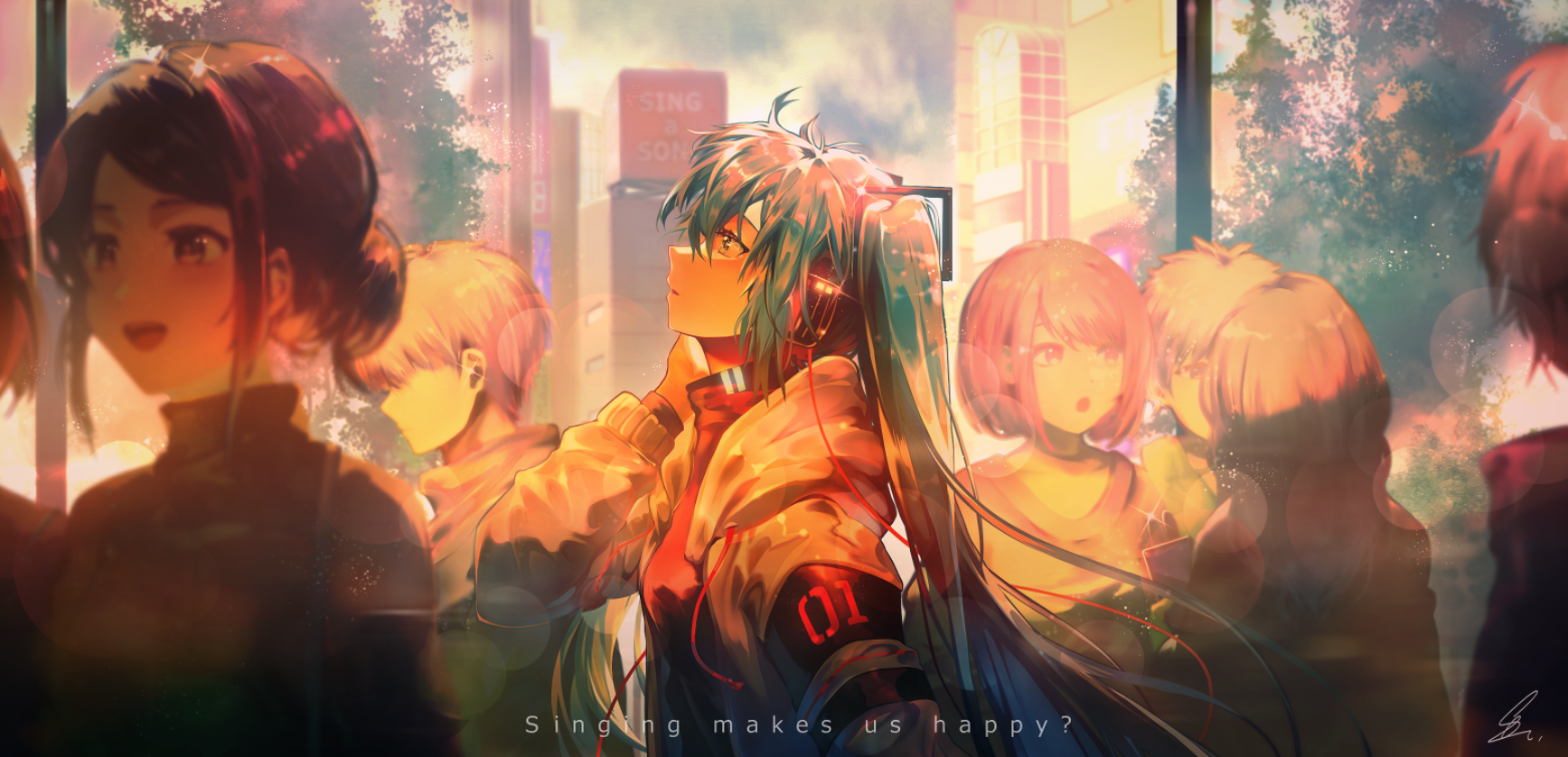 Anime 1735x838 anime anime girls Hatsune Miku Vocaloid long hair twintails looking up headphones sunset sunset glow people signature text