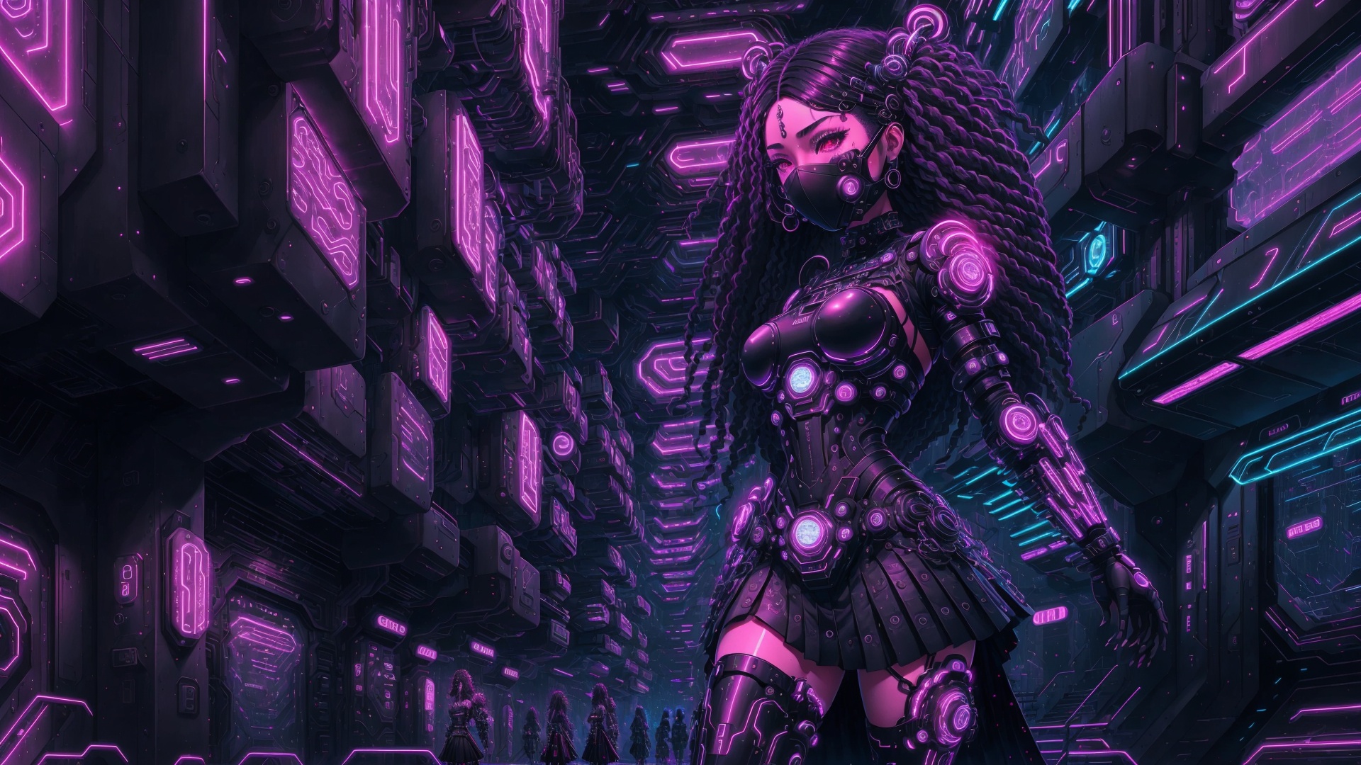 General 1920x1080 cyber cyberpunk futuristic science fiction crimson illustration purple background violet (color) braids neofuture neon AI art Stable Diffusion digital art mask looking at viewer long hair