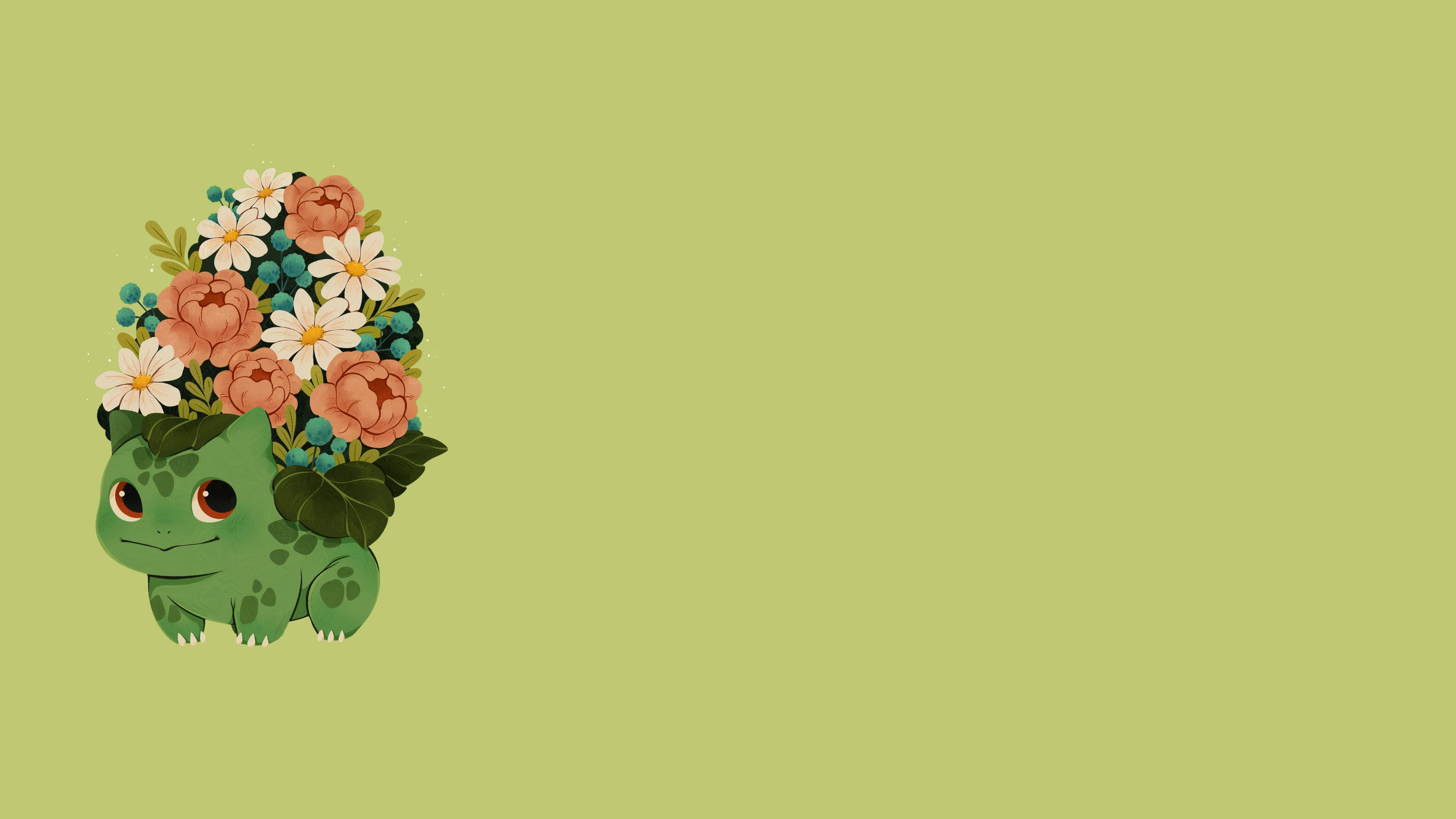 Anime 3840x2160 Bulbasaur Pokémon Pokemon First Generation pastel flowers bouquet bouquets dinosaurs reptiles leaves simple background green background anime video games Nintendo red eyes minimalism