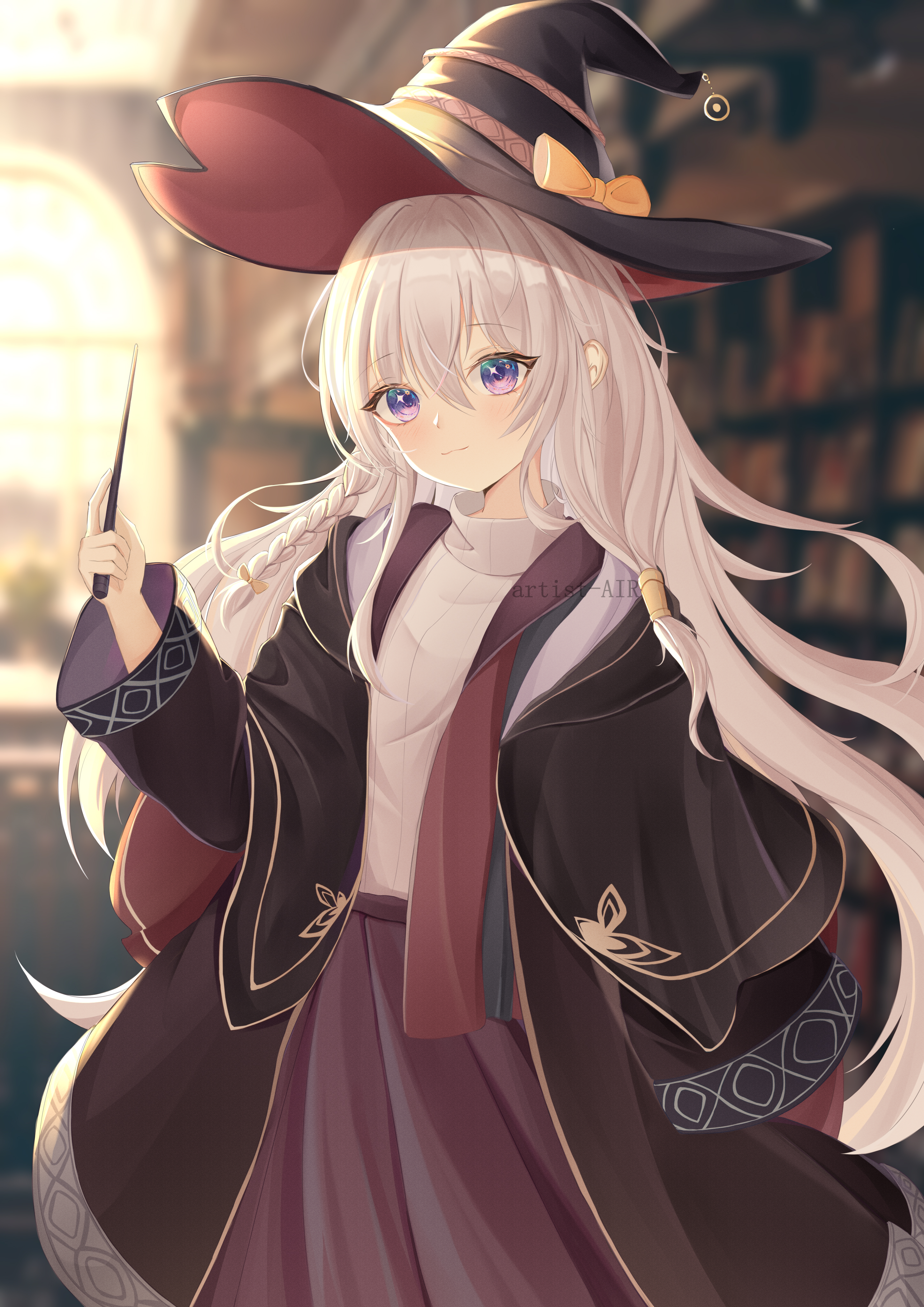Anime 2894x4093 Elaina (Majo no Tabitabi) Majo no Tabitabi gray hair anime girls portrait display witch witch hat wands long hair signature sunlight blurred blurry background looking at viewer braids
