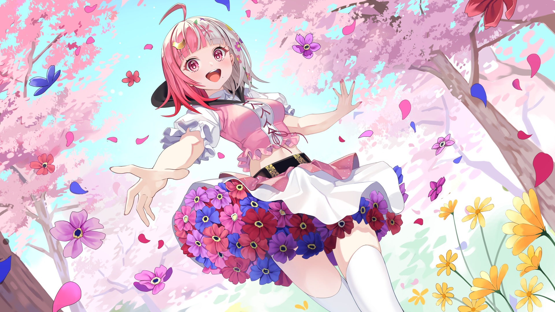 Anime 1920x1080 anime anime girls two tone hair open mouth arms reaching flowers petals trees dress sky looking at viewer pink eyes moles mole under mouth stockings belly button Takt Op. Symphony Spring (Takt Op. Symphony)