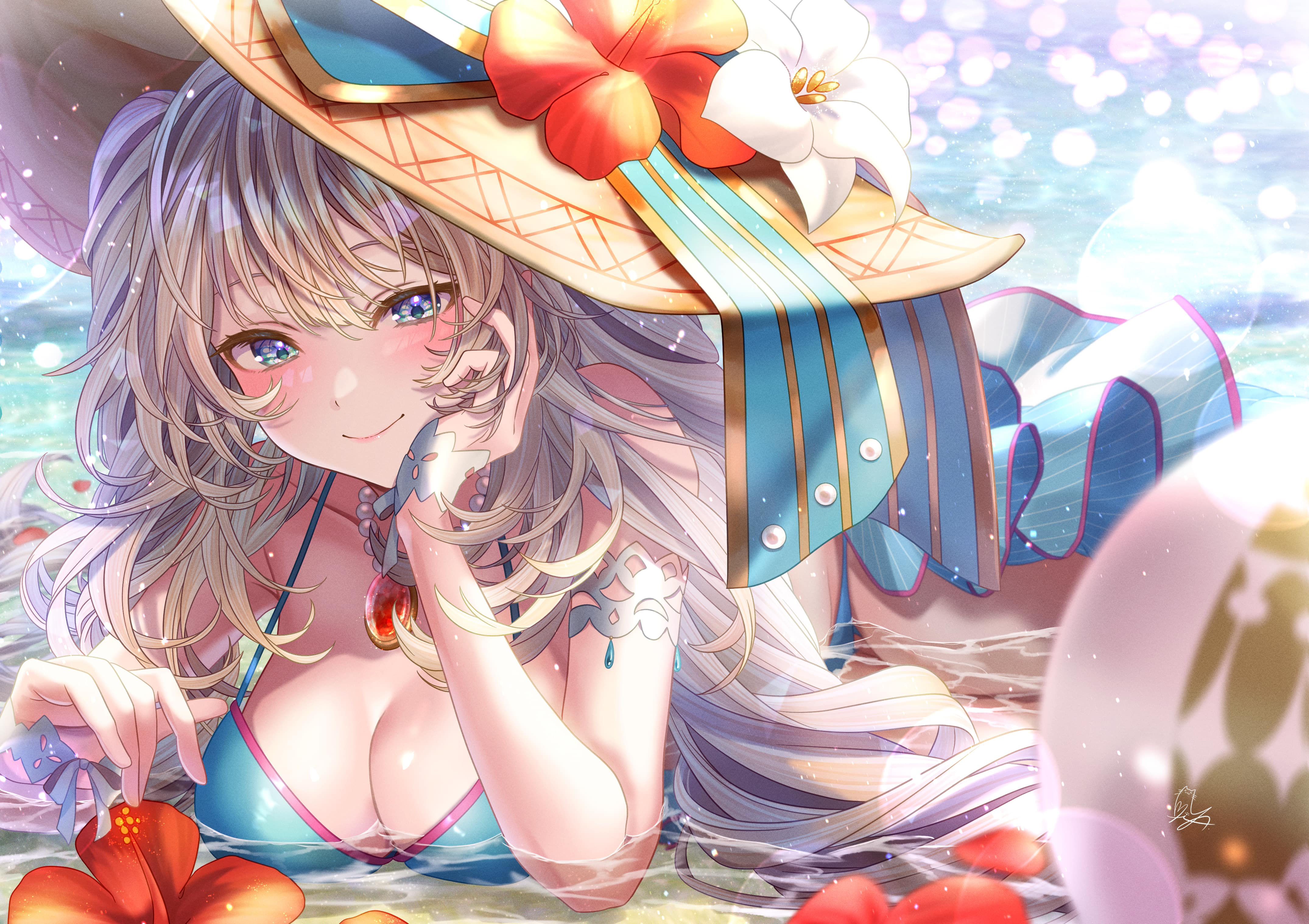 Anime 4299x3035 Fate series lying down anime girls blue bikini Marie Antoinette (Fate/Grand Order) looking at viewer sun hats blue swimsuit big boobs lying on front flowers hibiscus cleavage long hair gray hair Totomiya in water arm support water beach ball smiling swimwear blue eyes sarong twintails bikini women outdoors