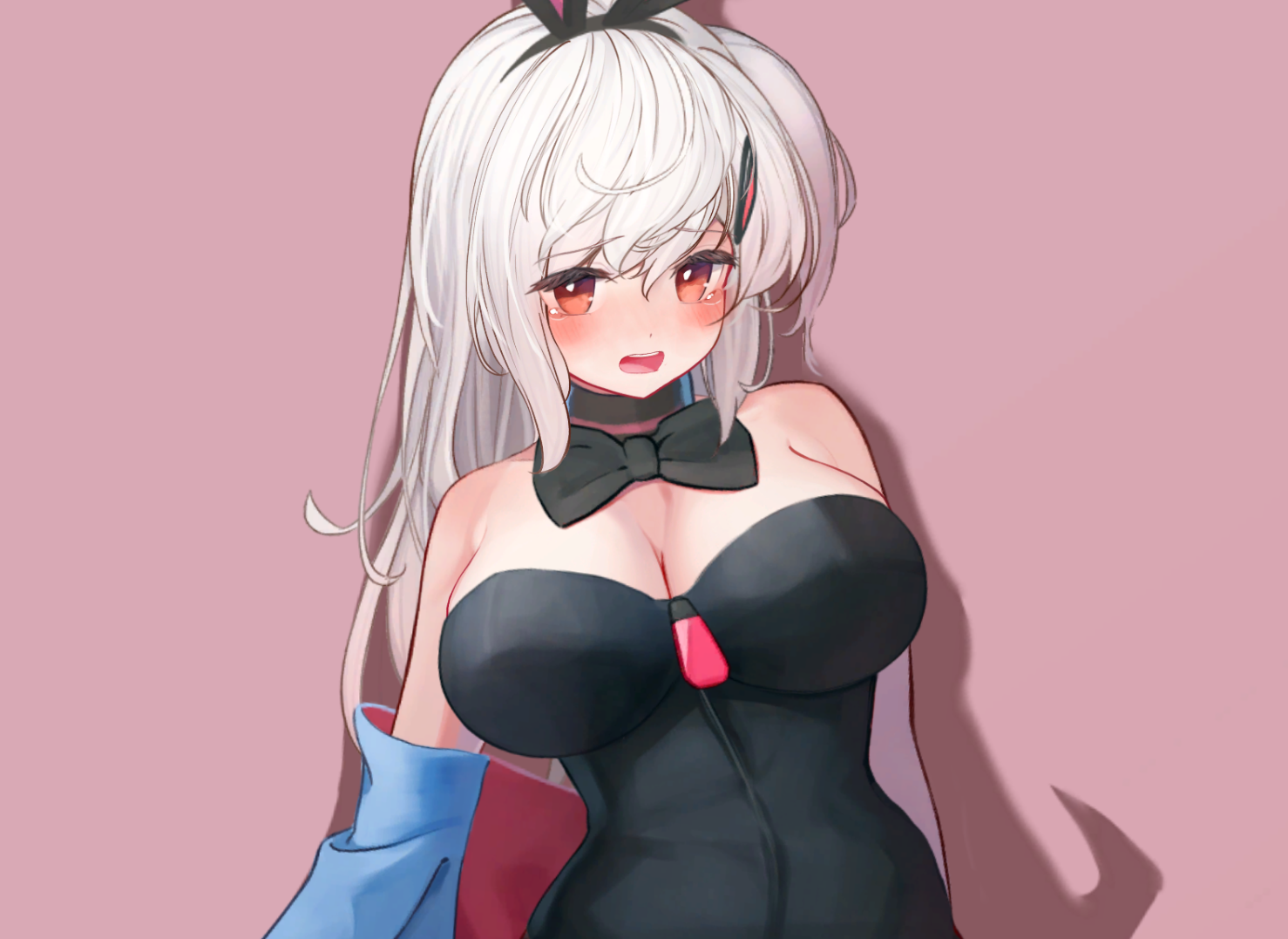Anime 1478x1077 Alps and dangerous forests bunny girl anime girls bunny suit bunny ears cleavage big boobs bow tie choker long hair looking at viewer shadow minimalism simple background tears blushing white hair orange eyes bare shoulders