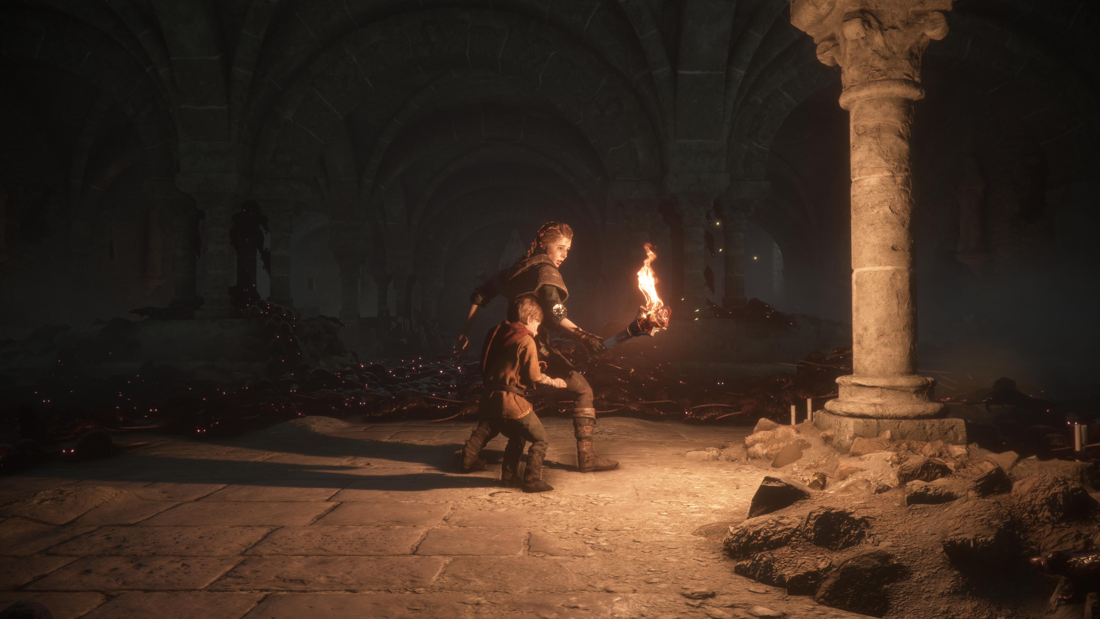 General 3840x2160 A Plague Tale Innocence Hugo (A Plague Tale Innocence) CGI video games rats video game art Amicia torches video game characters interior animals glowing eyes Asobo Studio