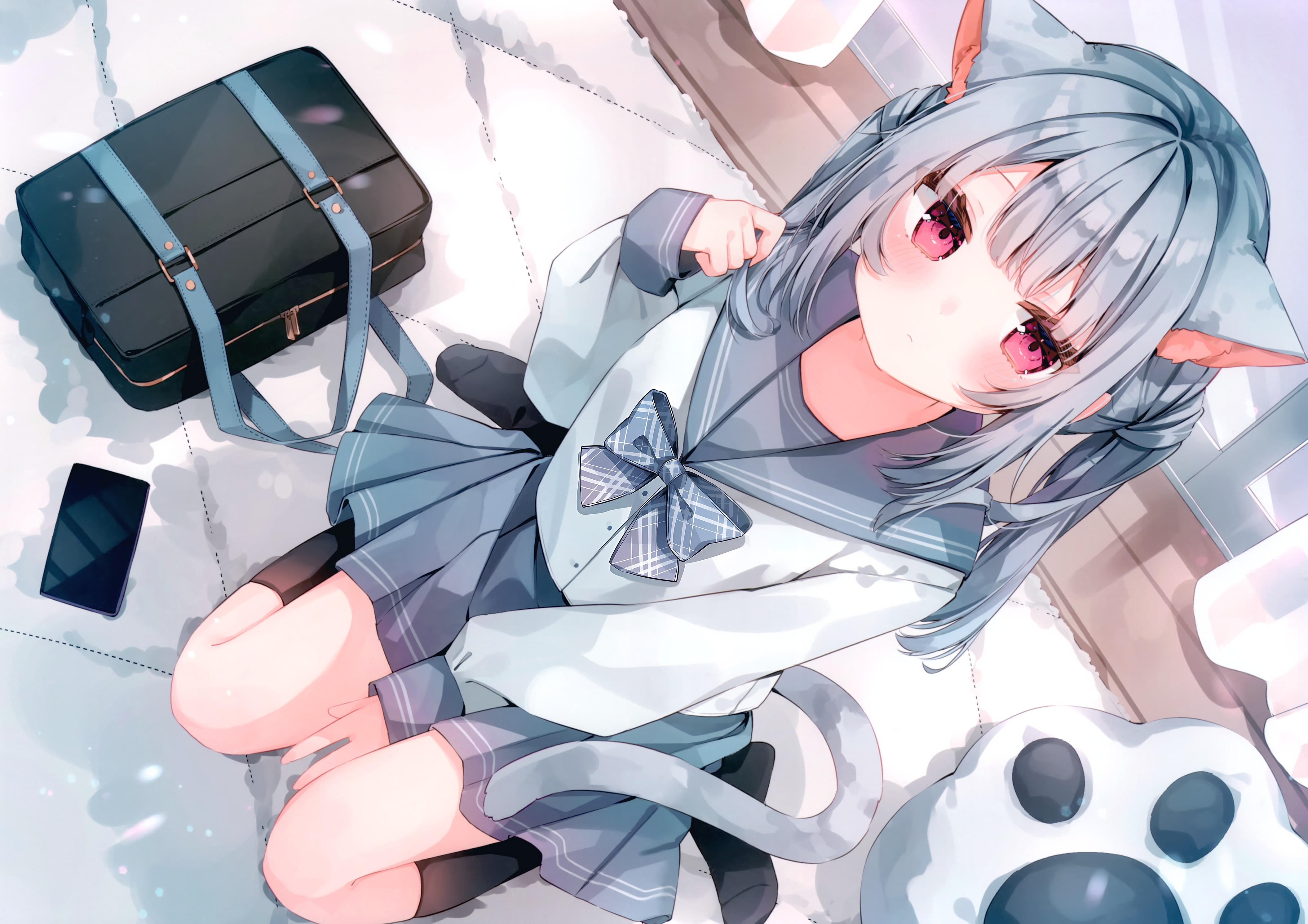 Anime 4220x2980 anime anime girls schoolgirl school uniform blushing cat girl cat ears cat tail phone bag red eyes looking at viewer bow tie skirt