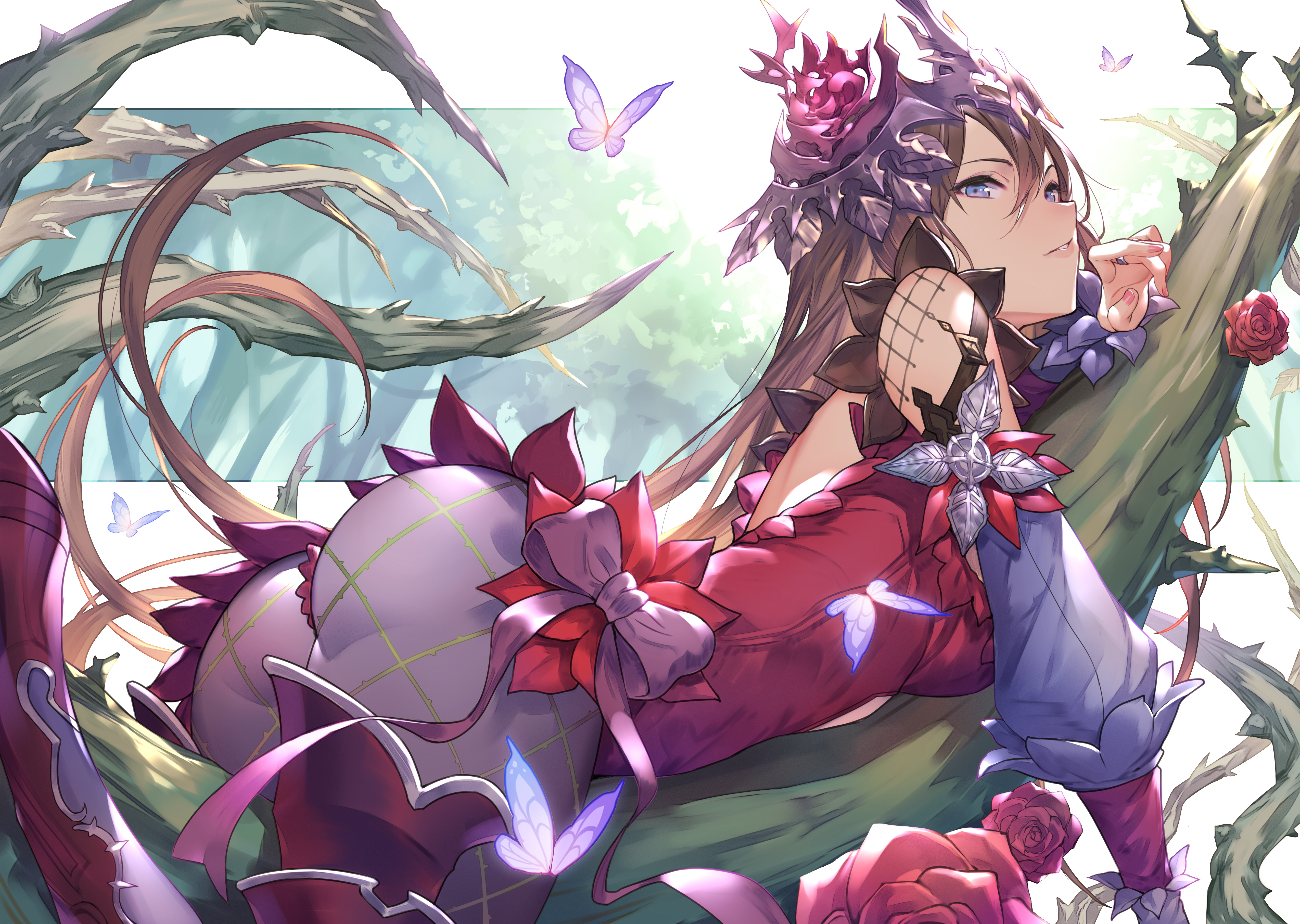 Anime 5098x3624 Granblue Fantasy flowers anime girls pantyhose Rosetta (Granblue Fantasy) Rose Queen (Granblue Fantasy) plants lying on front looking away butterfly fishnet pantyhose fishnet hair ornament brunette long hair flower in hair purple eyes red leotard long sleeves big boobs bareback parted lips thighs vines ass thorns trees forest