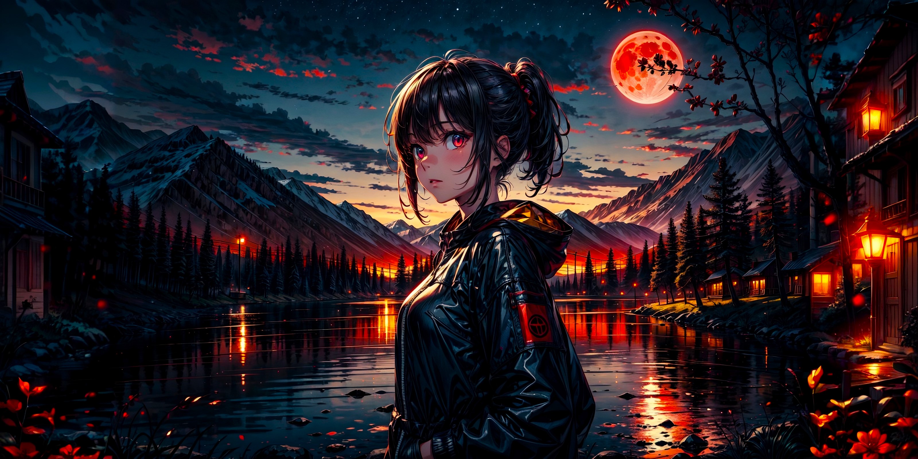 Anime 3200x1600 dark forest Moon red moon anime girls red eyes landscape nature lake AI art digital art clouds sky looking at viewer mountains water reflection flowers night short hair ponytail
