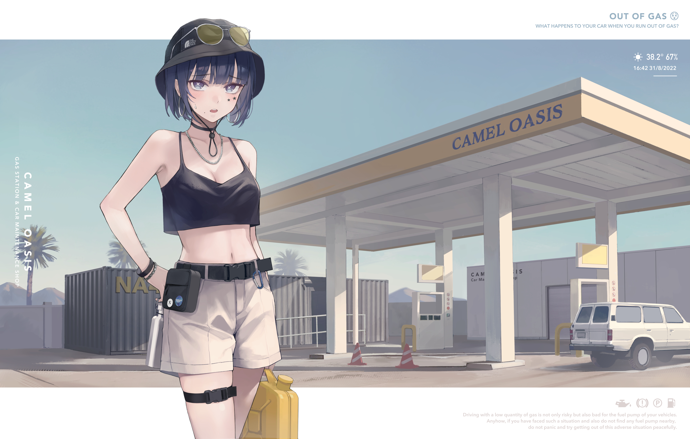 Anime 2832x1804 anime anime girls artwork minimalism glass dress shirt necklace hat looking at viewer bracelets text gas station standing palm trees short hair traffic cone blue hair blue eyes bare shoulders cleavage belly belly button choker