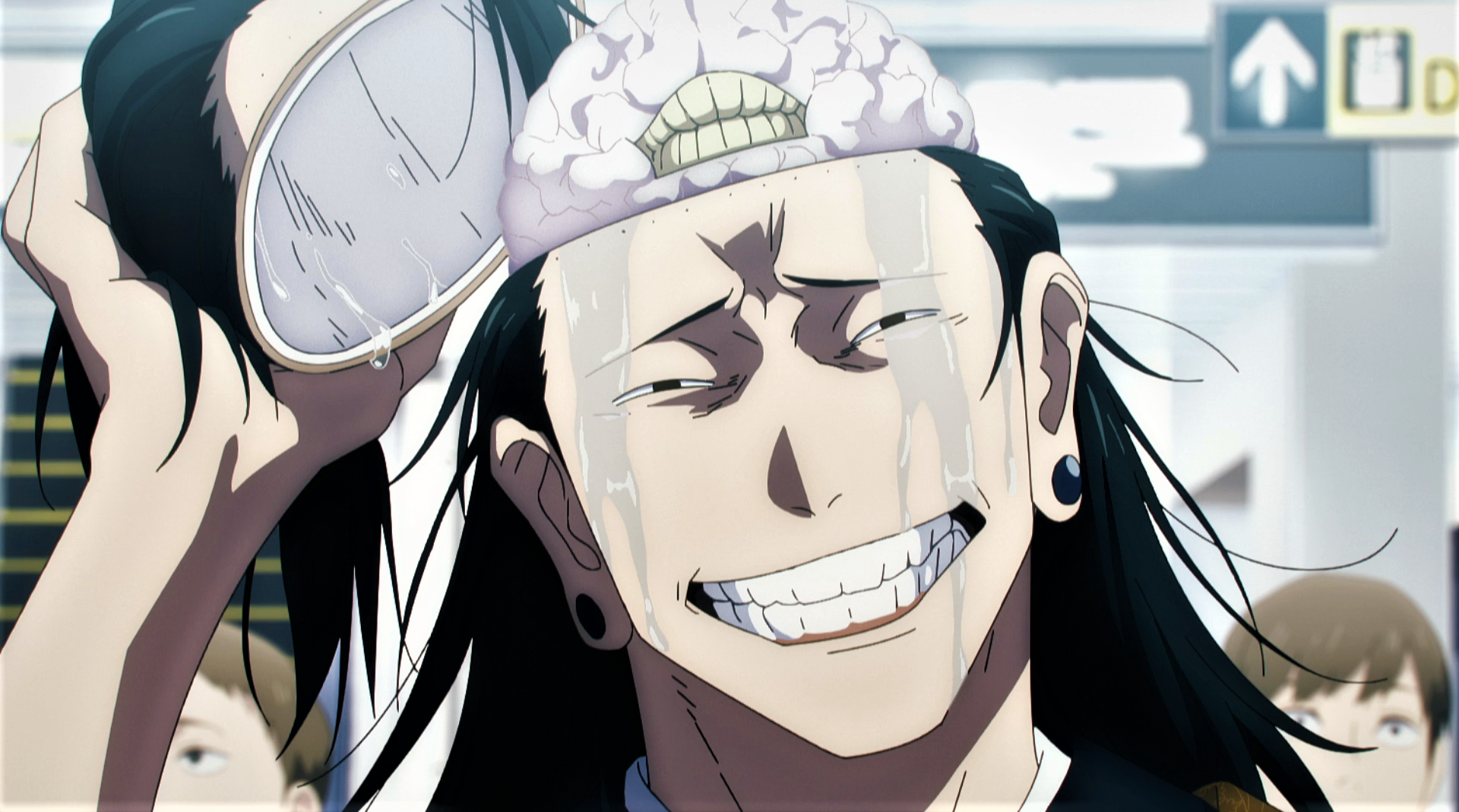 Anime 1920x1069 Jujutsu Kaisen Suguru Geto smiling brain water earring anime Anime screenshot anime boys teeth looking at viewer long hair