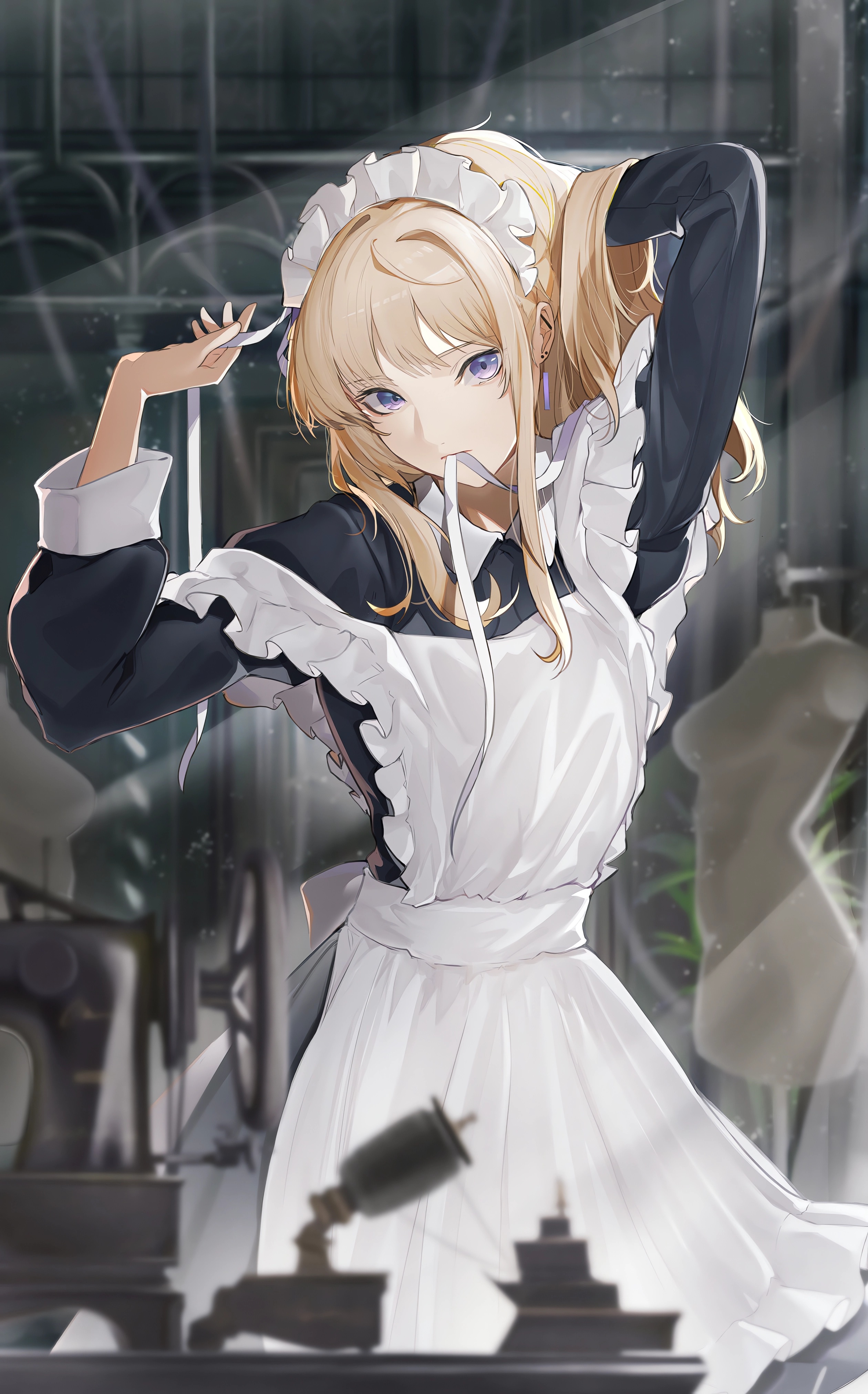 Anime 2520x4046 anime anime girls Pixiv portrait display maid maid outfit blonde blue eyes looking at viewer leaves mannequin sunlight hands in hair