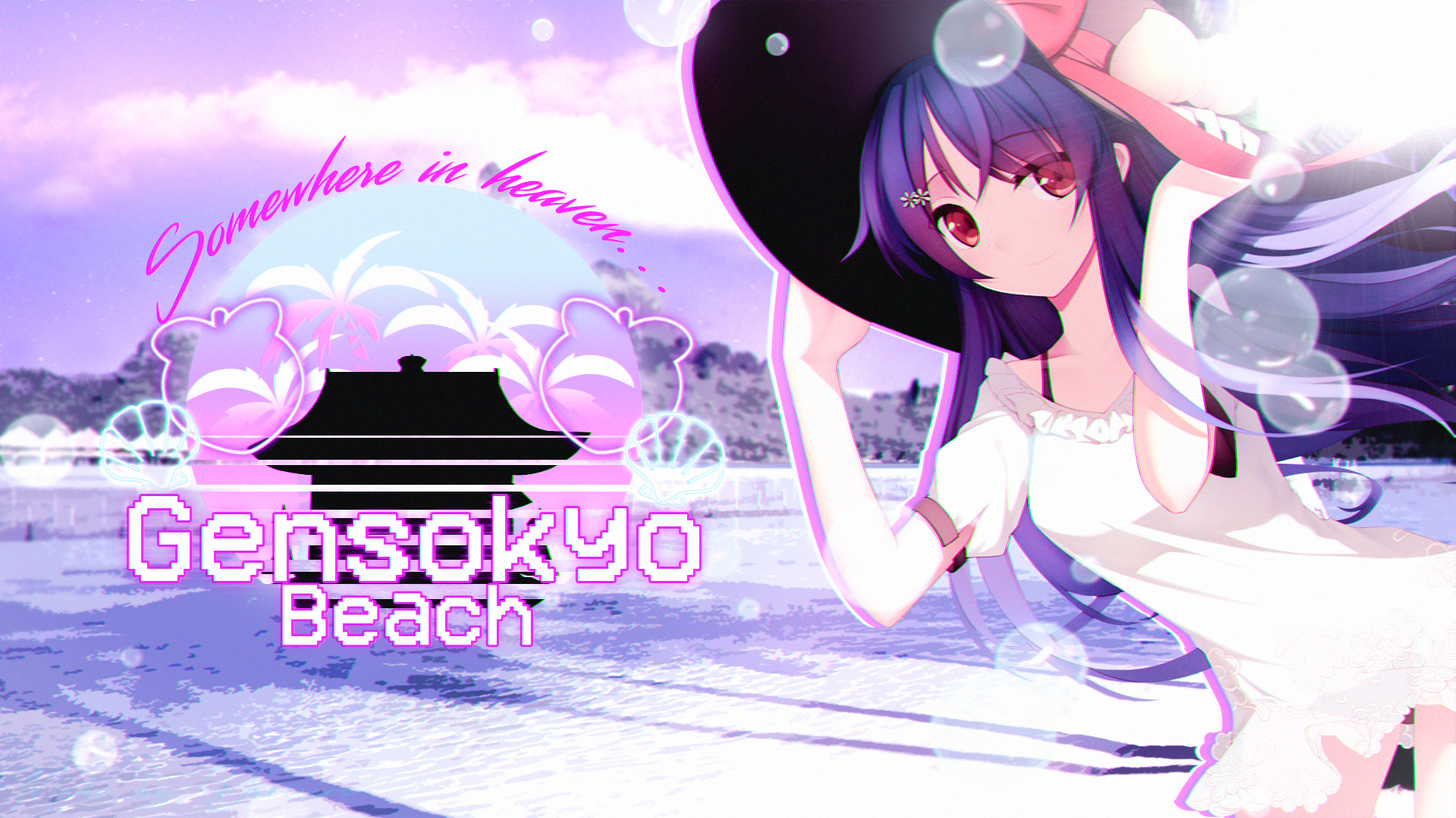 Anime 1920x1080 Touhou Hinanawi Tenshi anime girls vaporwave noise palm trees neon sun dress beach hat red ribbon blue hair red eyes black underwear looking at viewer bubbles